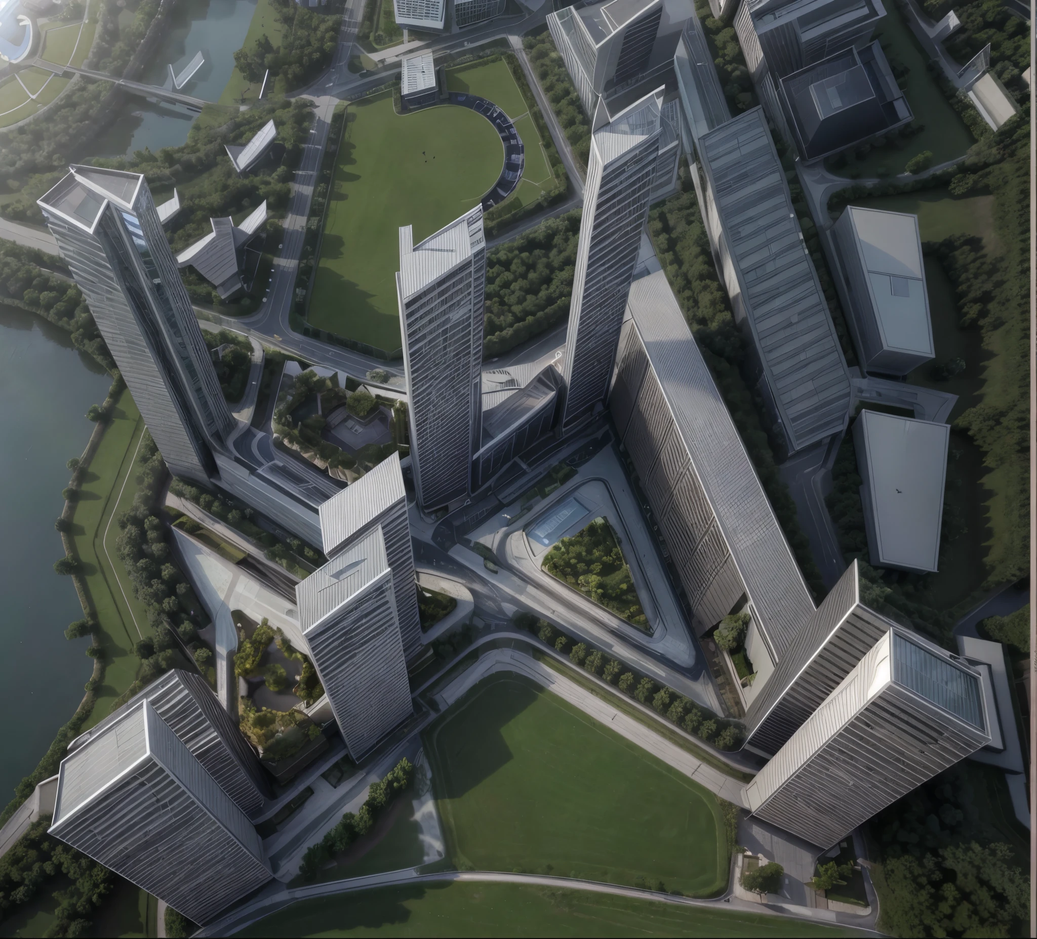 Complex building with 6 towers connectedat base, in city park, small fountain, park, roads. Birds eye view