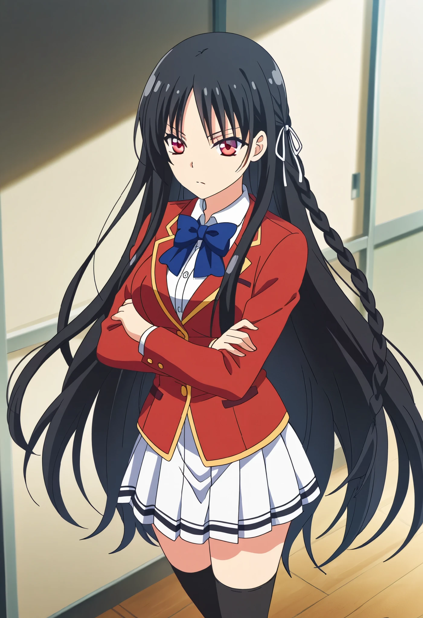 yjsuzune,very long hair,bangs,ribbon,
school uniform, red jacket, long sleeves, white shirt, collared shirt,blue bowtie, pleated skirt,white skirt, black thighhighs, zettai ryouiki,