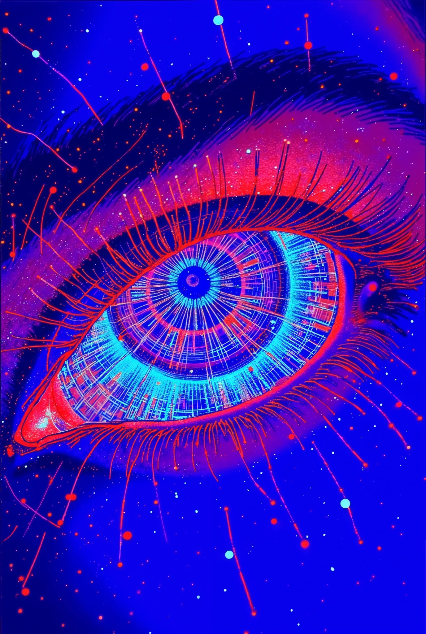 extremely close-up view of woman's cybernetic electronic eye, intricate mechanical details, pink and blue tones, glowing neon circuitry, luminous iris, high-tech augmented reality, futuristic sci-fi, cinematic lighting, photorealistic, 8K, HDR, physically-based rendering, ultra-detailed, vivid colors, sharp focus