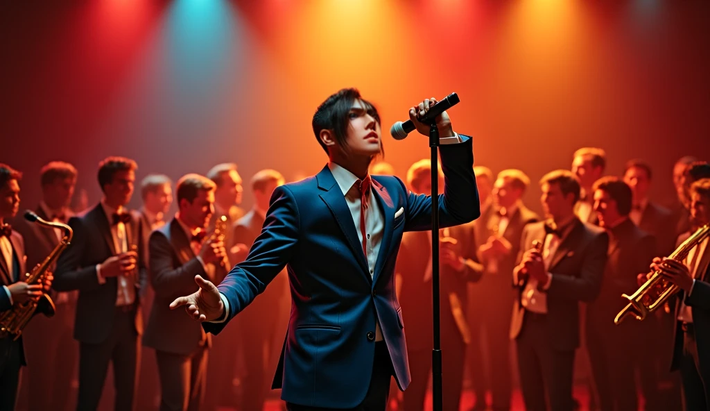 (A man), inside a small box, sad atmosphere, black hair, white shirt, suit pants, holding a microphone, inch, resolute face, in a box, singing and crying audience, surrounded by girls,