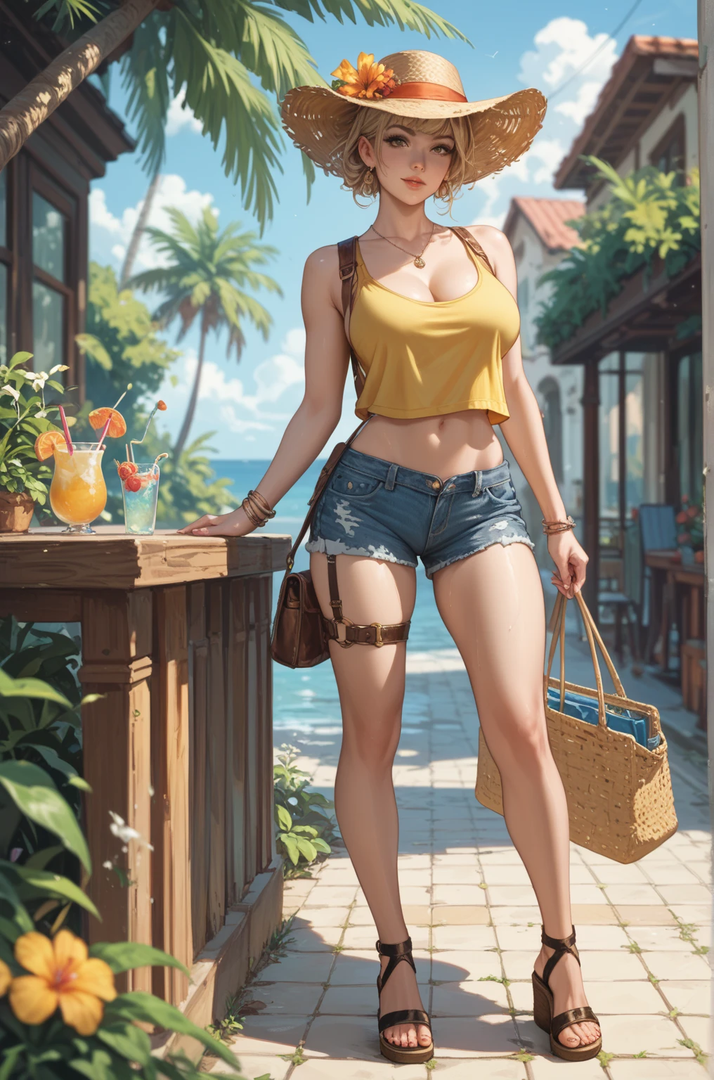 Busty young woman wearing a yellow tank top and jean shorts.  She has beachy sandals with straps going up her calves on 