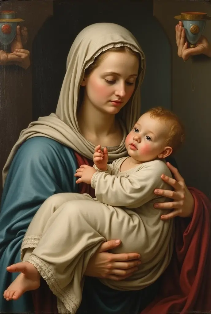 Create a hyper-realistic painting featuring a serene Madonna holding a child. The Madonna has a pale, alabaster complexion, with a calm and peaceful expression. She wears a luxurious blue gown with intricate details and a crown adorned with jewels and pearls, symbolizing her royalty. The scene is surrounded by multiple angelic figures, some with red skin and others with blue, each with their wings slightly open. The background is a deep, rich blue, enhancing the divine atmosphere. The Madonna's exposed breast signifies nurturing, as she holds the child gently in her arms, who also has a pale complexion and a contemplative expression. The overall composition should be both regal and ethereal, capturing the sacred and mystical essence of the Madonna and Child.