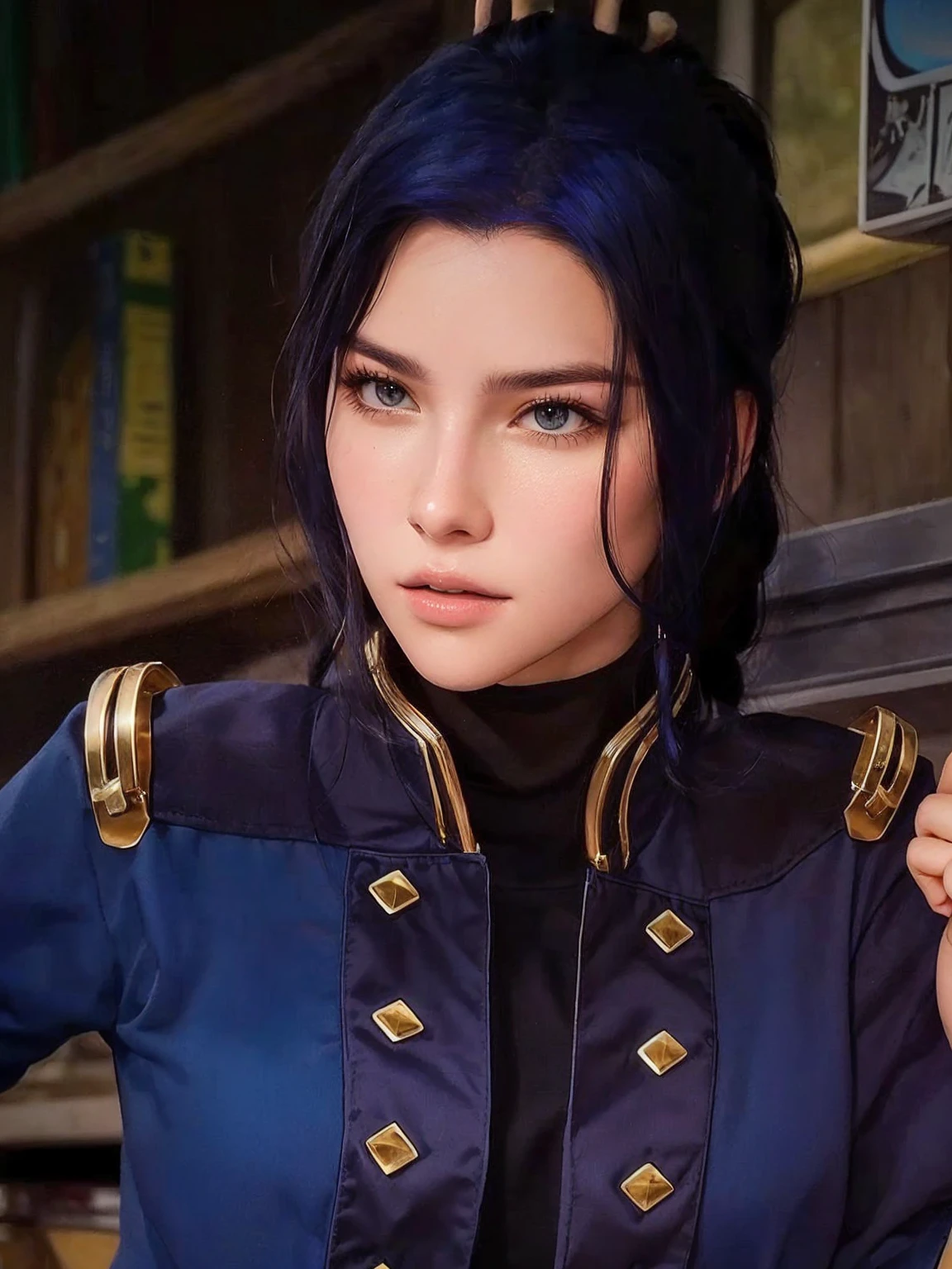 upper body <lora:KallieKurudzhy_v1-000022:.9> KallieKurudzhy, focus on smiling face, from behind wearing a star trek uniform , her indigo color hair is styled as snake braid,