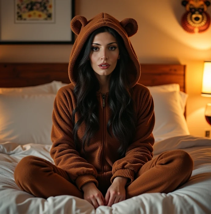 a woman sitting on a bed in a dimly lit bedroom, wearing a large plush cat costume. She appears to be posing for a picture, The woman is smiling seductively, and the costume covers a significant portion of her body. The woman is holding her chest open, revealing her underwear to the viewer. they candles lit in the background