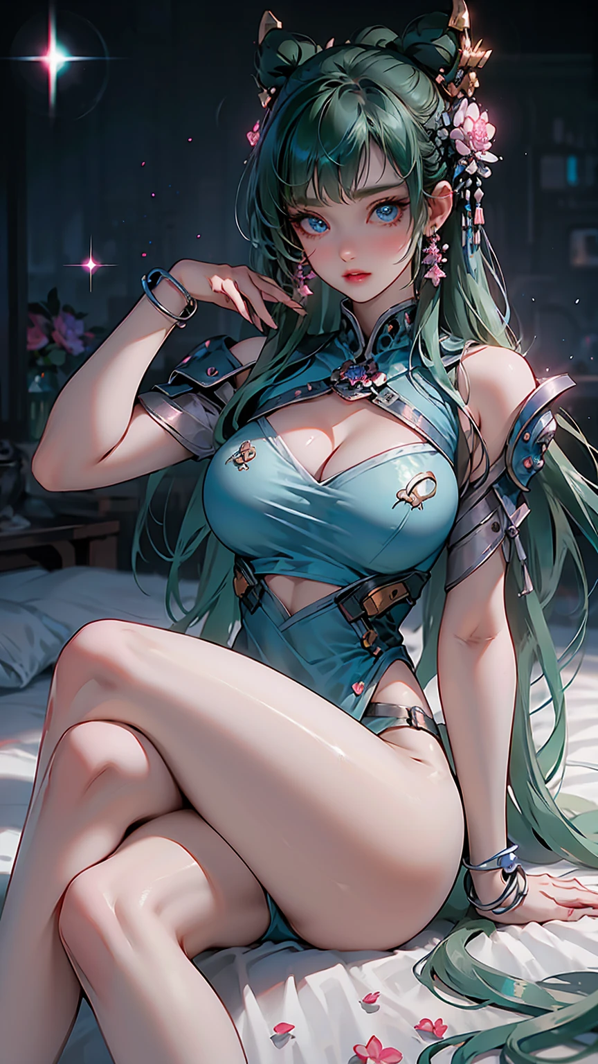 best quality, masterpiece, high_res, 1girl, hair ornament, necklace, jewelry, Beautiful face, upon body, tyndall effect, photo realistic, dark studio, rim lighting, two tone lighting, (high detailed skin, sweaty:1.2), 8k uhd, dslr, soft lighting, high quality, volumetric lighting, candid, Photograph, high resolution, 4k, 8k, Bokeh, realistic big breasts, open fingers, (beautiful hairstyle, hair color:tosca green:1), lingerie, outdoor,