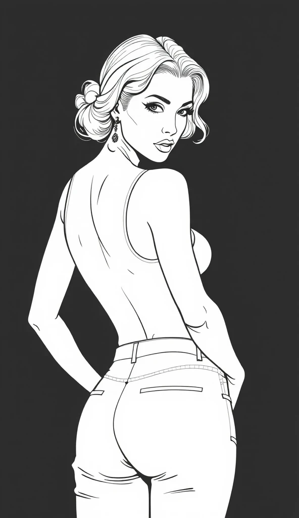 Lineart drawing of woman from behind with hat 