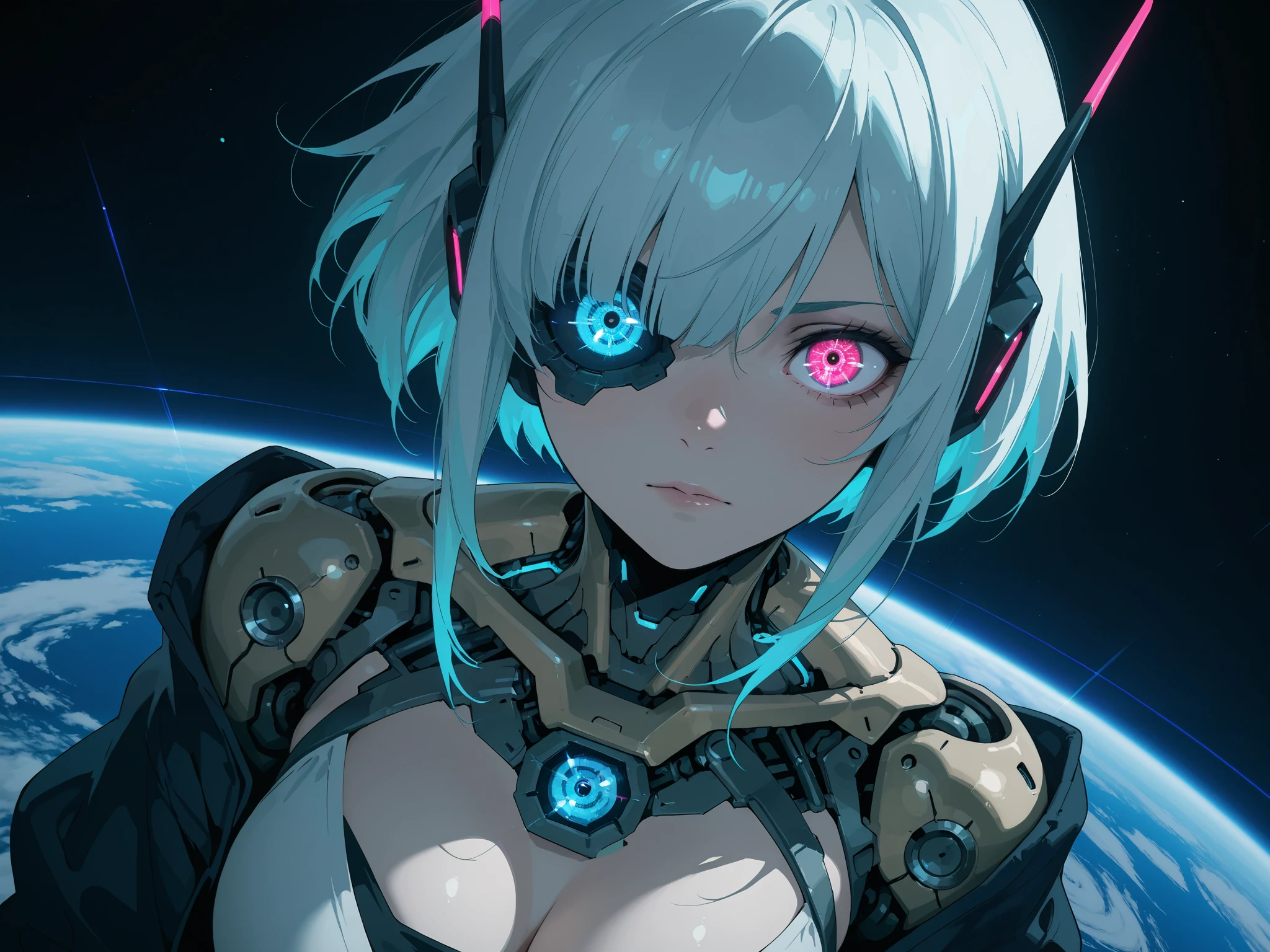 score_9, score_8_up , score_7_up , UHD, Masterpiece, amazing quality, very aesthetic, absurdres, ultra-detailed, break, masterpiece, best quality, ultra-detailed, 8k, illustration, (Cyborg's Eye:1.5, Cybernetic Eye:1.7, dynamic angle:1.3), Extreme macro close-up of a single cybernetic eye with a floating holographic HUD clearly projected in 3D space in front of the eye, not within it, featuring concentric circles with a bright cyan center point, multiple layers of translucent blue-white circular interfaces with data readouts and scanning information, similar to Iron Man's JARVIS but in cyan colors, the interface analyzing targets with visible metrics and digital data flowing around the rings, dark background to highlight the blue-white glow, photorealistic detail, 8K, concept art by Ash Thorp and Maciej Kuciara