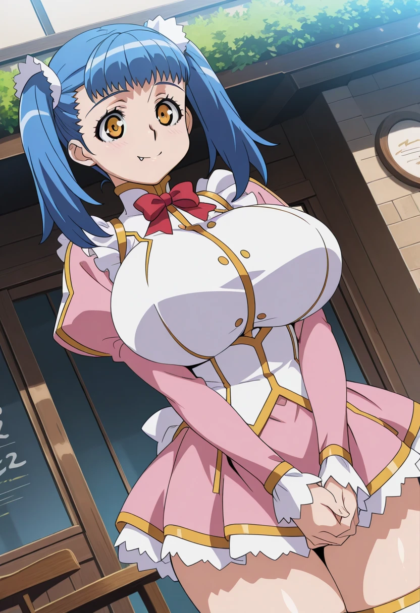 1girl in,1boy,(Everyday clothes,Red ribbons,pink sleeves,Pink skirt;1.4),(Dressing:1.3),(skirt by the:1),(Huge breasts:1.3),Twin-tailed、Blue hair、white frills、Orange Eyes