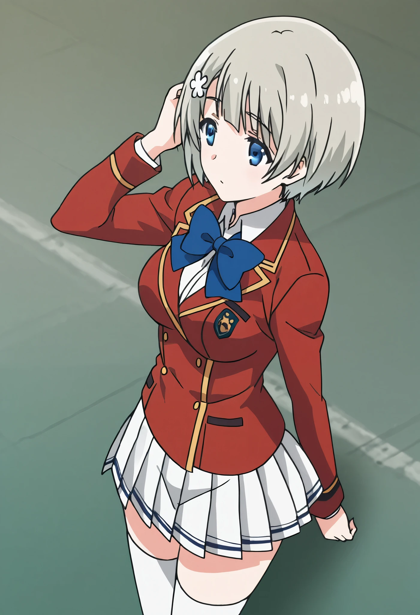 masterpiece, Highest quality, 1 person,( Large Breasts,Are standing, View your audience,),Detailed Background、A person who writes in detail、Accurate human body、Knowledgeable person、Accurate 5 fingers,Mature Woman,Thighsが太い,Cruby Body, Nishikigi chisato, bob cut, hair ribbon,cyclone \(for once\),Long sleeve、Thighs、alone,((lycoris uniform, two-tone dress, red dress, grey dress, neck ribbon, long sleeves,wrists above head)),((zettairyouiki)),,