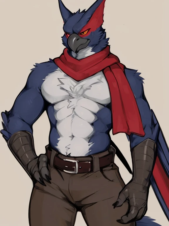 Male anthro avian gryphon, handsome, athletic, posing, dark red hair, brown body, by laobai, pants, short length hair