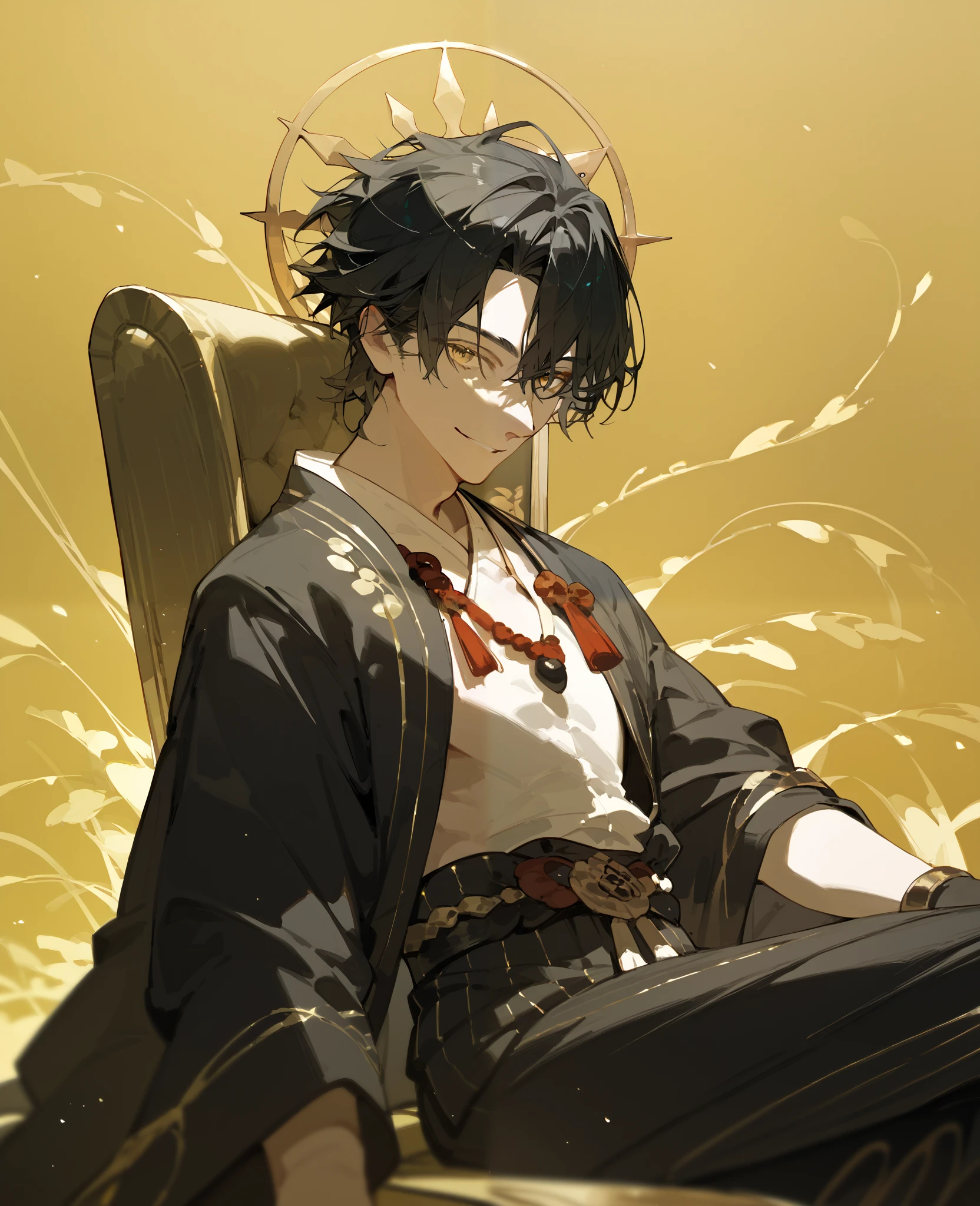man, black hair,kimono,In golden eyes,smile,Sit on the throne, black gold background ,
