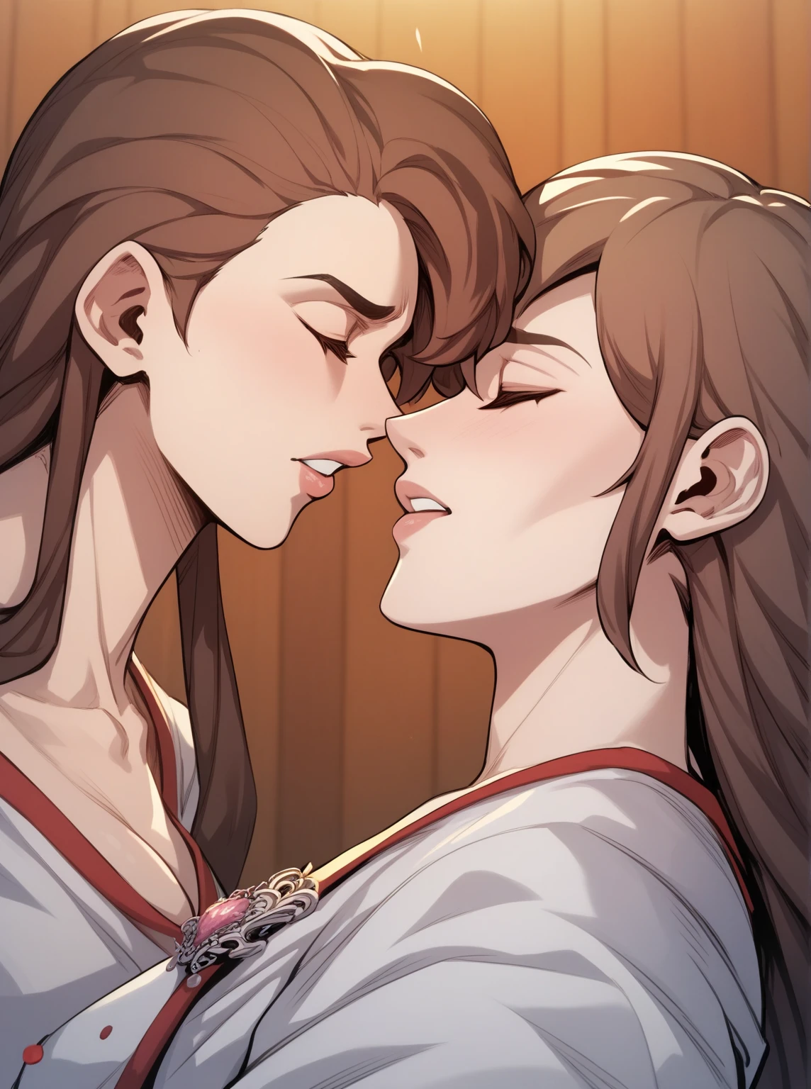 highres, high quality:1.2), digital art, perky round breasts, conservative clothes, green kunoichi dress, jacket unbuttoned over dress, smiling, soft expression, kind eyes, eyes half closed, Kyouka, 1girl, only upper body visible, hugging a muscular man, open mouth, mature female, turned to the side, side view, short sleeves, mature face, rounded breasts, beautiful face, feminine, curtain, sofa, living room (\place\), complex background, brown eyes, brown hair, sidelocks, lipstick, makeup, detailed face, ponytail, pouty lips, pink hair ribbon, (curvy:0.8), huge breasts