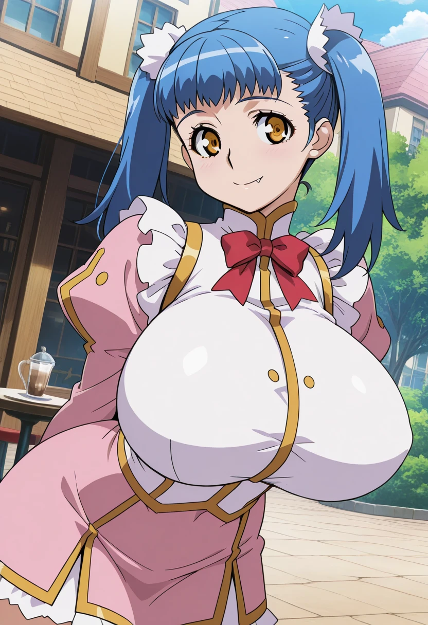 (breasts forcus:1)、(high-level image quality、masutepiece、hight resolution、4K,8K,Official art:1.1),Blue hair,Orange Eyes,Twin tail,(Huge breasts:1.2),tusk,azulejo_(gravity),two side up,All Crosses,Red ribbons、white frills、Pink skirt,(Happy smile:1.1)