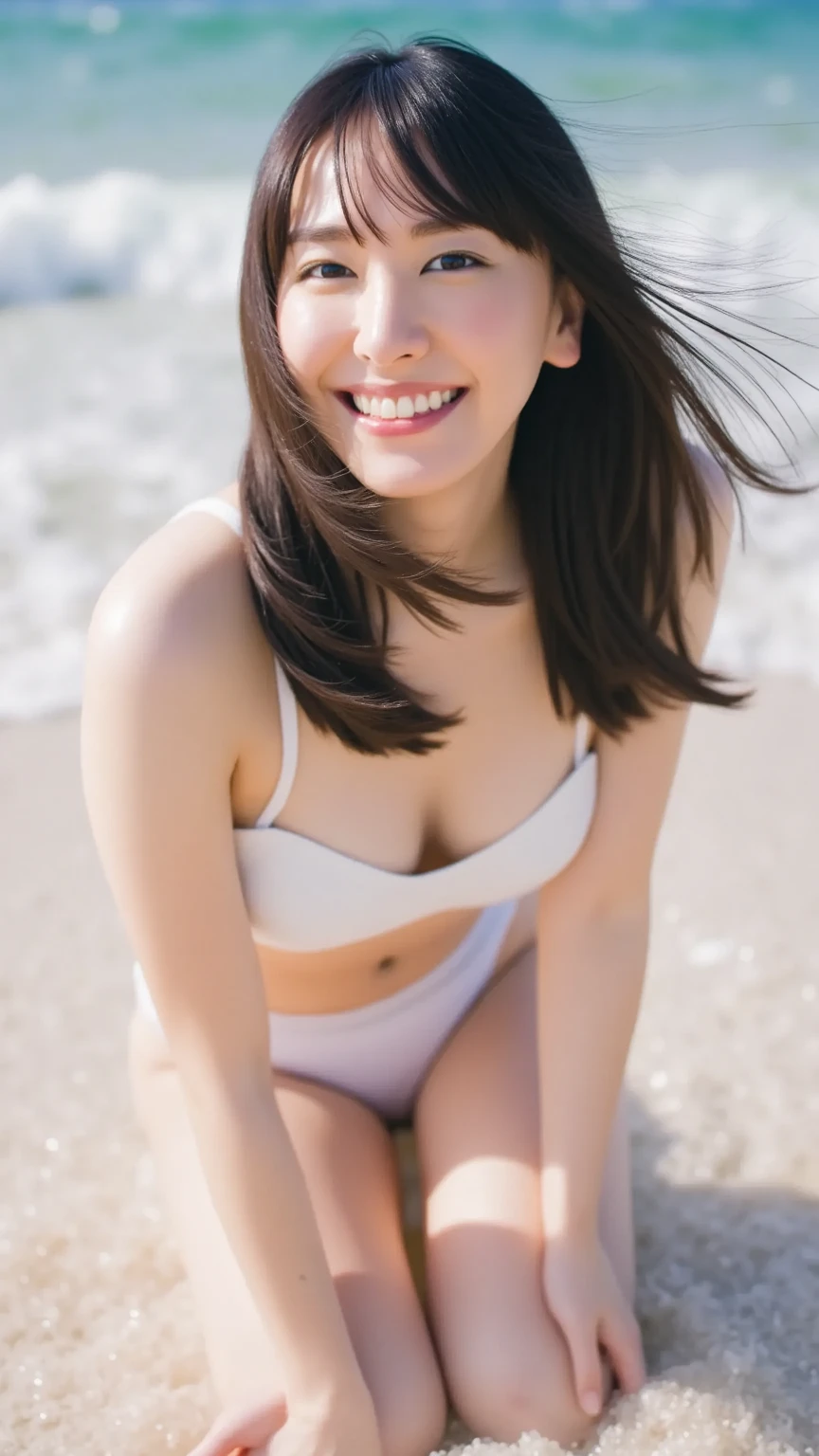((highest quality)), ((masterpiece)), (detailed), Perfect Face,Woman in white skirt on the beach., (Best Quality, 4K, High resolution), 超detailed, (Realist:1.37), Beach Scenery, Beautiful and fine details, 美しくdetailedな唇, Long eyelashes, Short skirt, Breeze, Golden sunlight, Soft Sand, Shimizu, Bright expression, A slight smile, Relaxed posture, Sunlight shining through hair., Bright colors, Dreamy atmosphere, (Beach Photo), Fine Art, Pastel Color Palette, Natural light