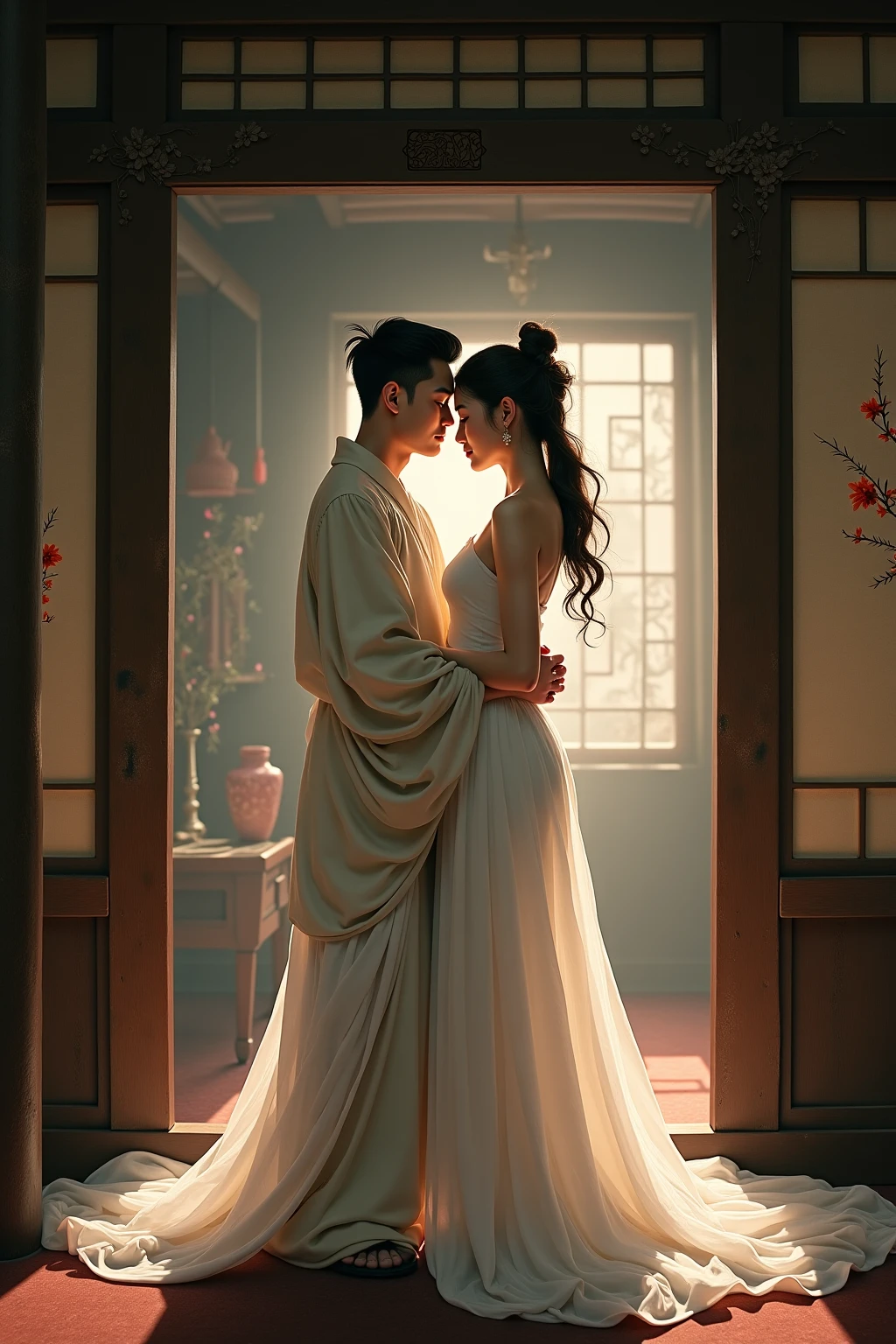 Two people kissing in front of the curtains, A painting inspired by Yoon Doo-seo, tumblr, Art Nouveau, Dreamy atmosphere and dramatic effects, Beautiful photography, Home, Ethereal stills, Music video screenshot, Stunning photography, sha xi, Movie screenshots, people, Movie screenshots, Frame Still, 8K Stills