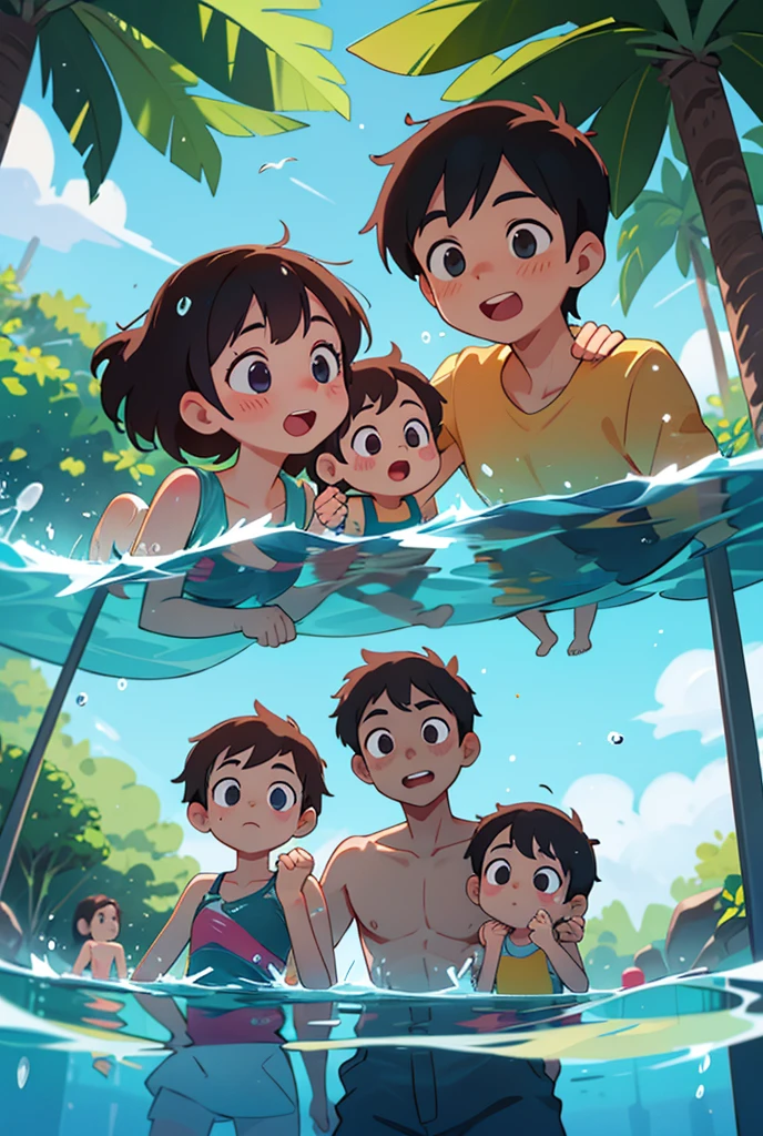 young teenage boy, athletic body, innocent face, wearing a transparent thong, open legs, blue eyes, black hair, belly hair, young age, open eyes, boy having fun with baby boys in the pool, babies watching closely, all happy, 4k image