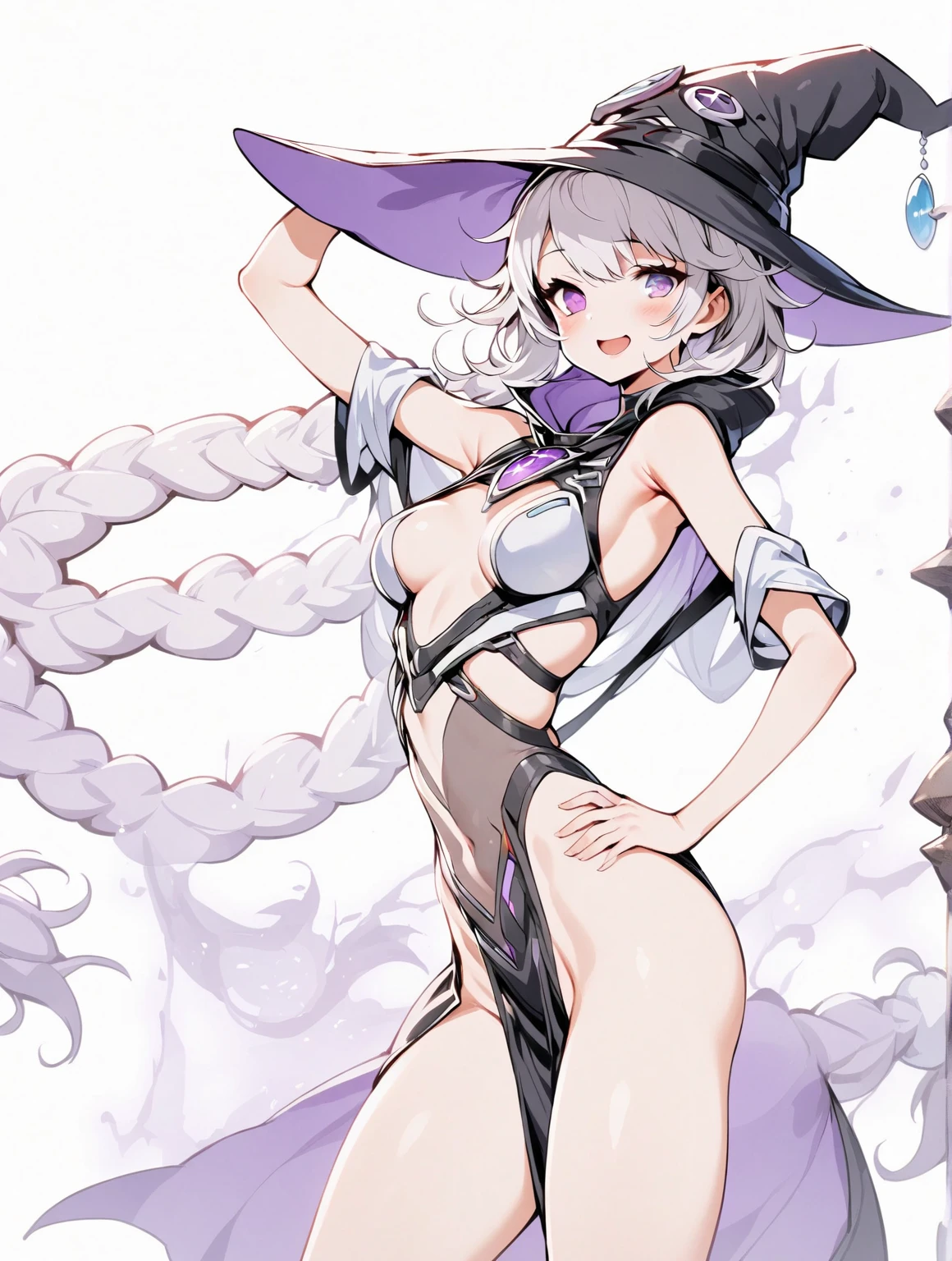 夕方の教室でグラビアポーズをしているnakedの女子高生、She has a grey lob and short bob hair and wears a large black witch hat with sapphire jewelry.、large and black witch's hat 、Small breasts、Small breasts、全naked、naked、Masturbation、Masturbation、I can see her breasts, navel, vagina, clitoris and labia majora.、一糸纏わぬnaked体、M-shaped legs、Spreading her pussy with her fingers、Open up、R18 Illustration、I can see her breasts, navel, vagina, clitoris and labia majora.、I&#39;m blushing because I&#39;m embarrassed、dusk