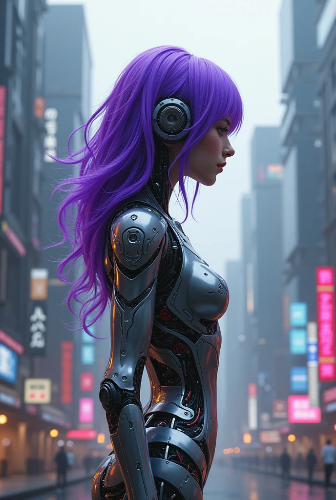 Fullbody, very very long hair purple a woman dressed in a white and purple outfit, rei hiroe, beautiful android woman, kai'sa, female mecha, as a retro futuristic heroine, rinko kawaichi, kusanagi, hiyao miyazaki, as a retrofuturistic heroine, kaguya ōtsutsuki, still from tv anime, ayaka cosplay, japanese lightning goddess, pose random, skirt, background street city japan, walking