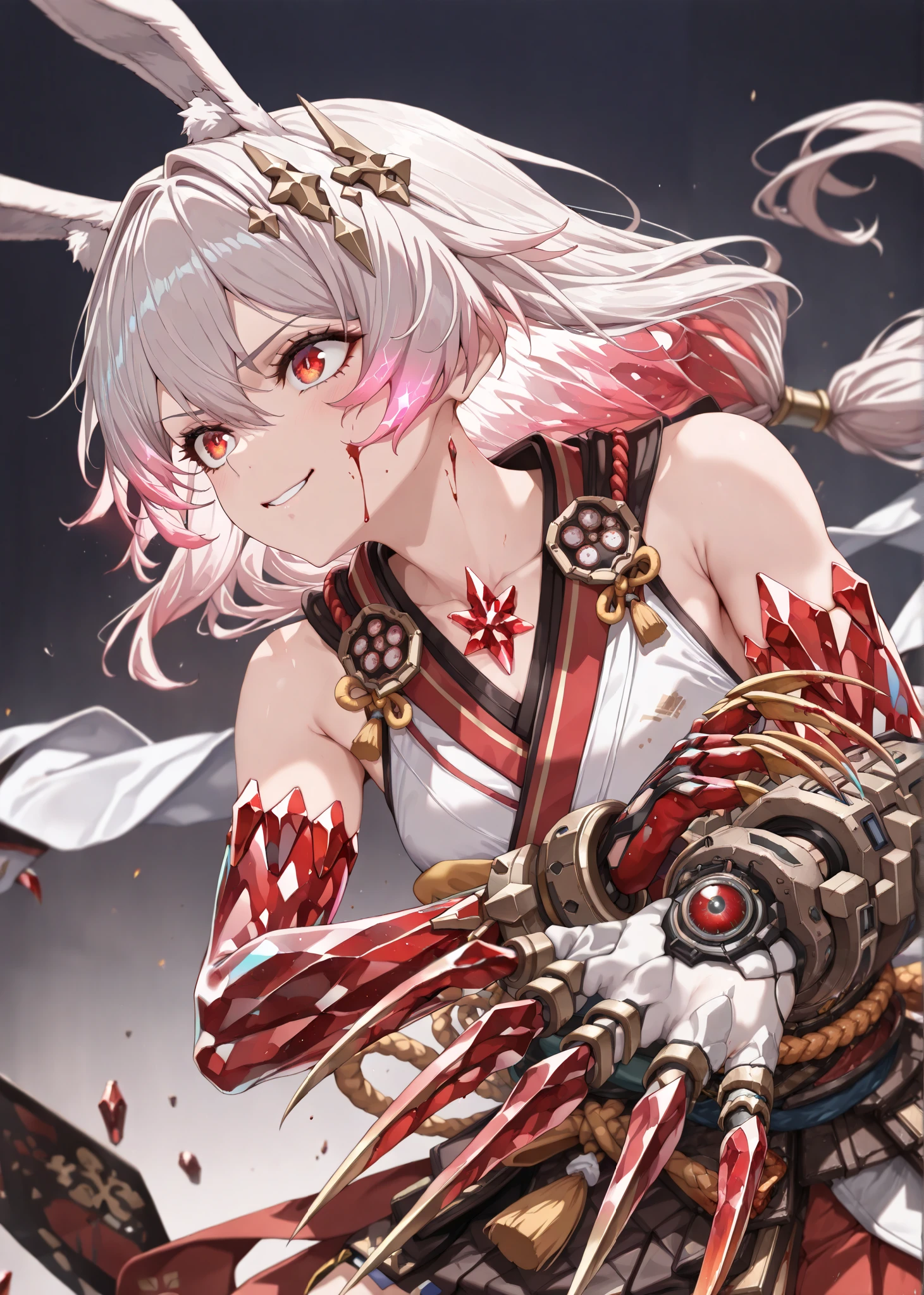 by [|inoitoh||arknights],
1girl, solo, alone, single character, (face shot, action shot, medium shot:1.2),Teri, Fol003, Tr_Skr, theresa apocalypse, pink hair, red eyes, (bunny ears:1.2), japanese clothes, sleeveless kimono, red trim, white kimono, (crystal claws, bloodshot claws, beastlike warrior, brutalist, bloody hands, Crystal gauntlets, bioengineered weaponry, crystal, red crystals, crystal arms, crystal hair, glowing hair:1.33), happy expression, bloodlusting expression, bloodlust, destruction,
(mature, exquisite detail, 8k, 4k, sharp focus, ultra-detailed, detailed background, absurdres, best quality, amazing quality, very aesthetic, high resolution, newest, hyper-detailed:0.78)
 