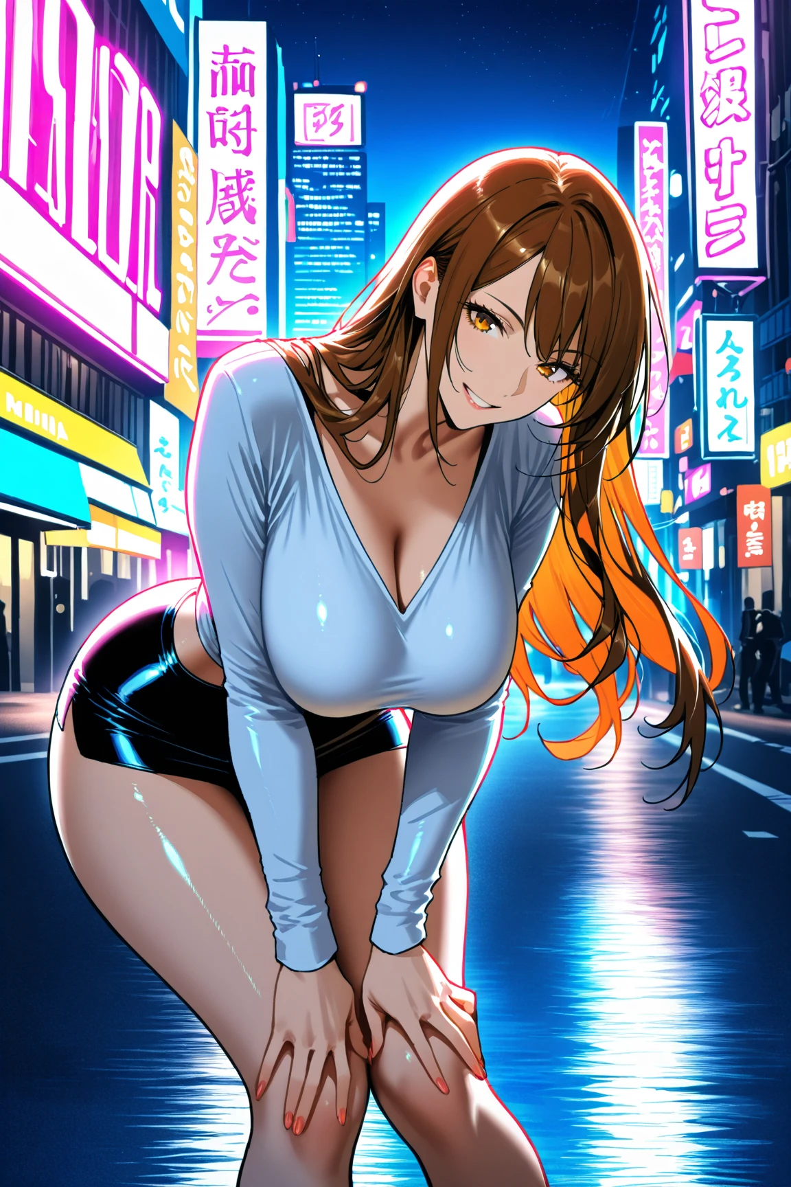 ((masutepiece)), ((Best Quality)), (Ultra-detailed), ((Extremely detailed)), 4K, (8K), Flat color, heavy outline, sharp outline, 1girl in, Solo, Side view, profile shot, Amazingly cute girl of , Light brown French braid hair with bangs, yellow bikini and jacket, under the boobs, Computing in a cyberpunk style bedroom, view from round window, rainy evening, Neon glow