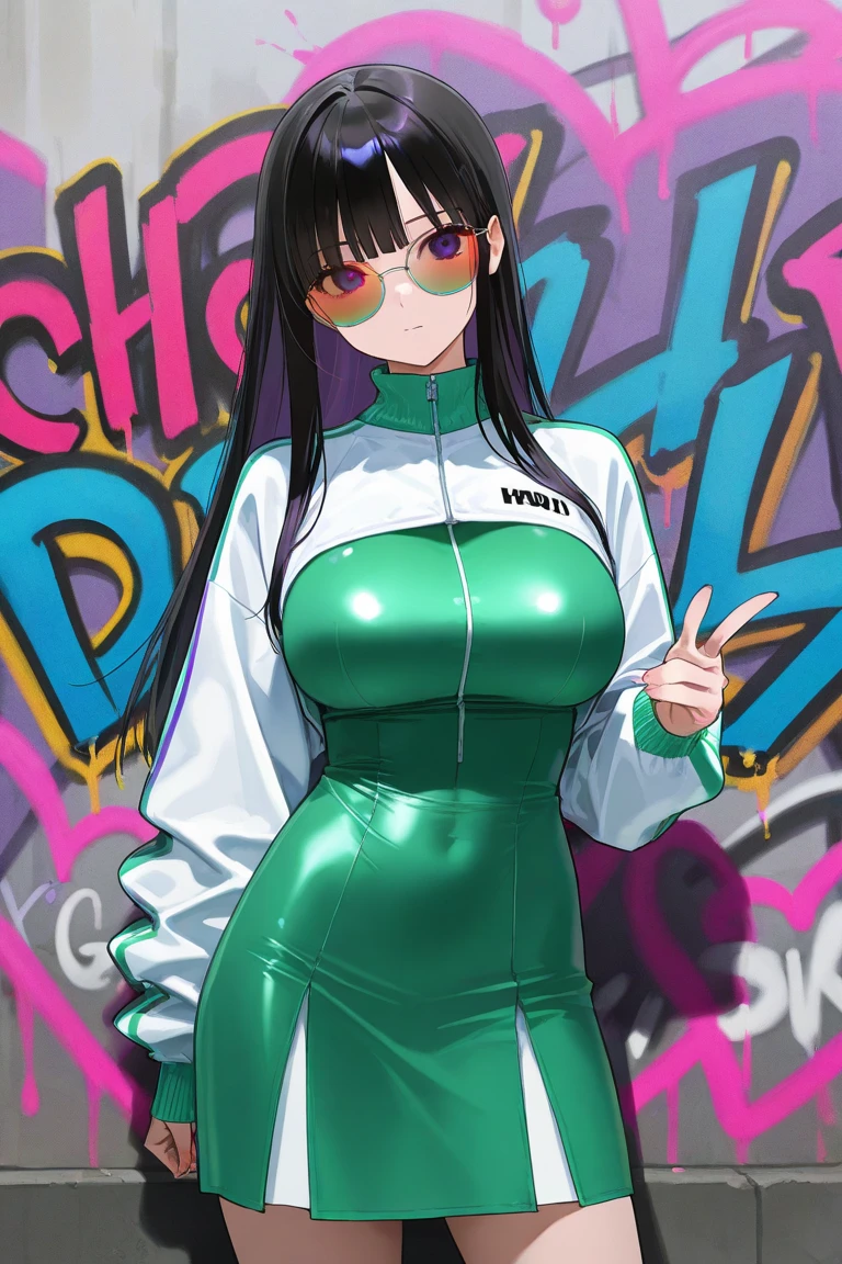 (Best Picture:1.2), (Best Quality:1.3), style, Masterpiece, highest quality, full body, simple background, standing, finely detail, detailed face, full of details, highly detailed, 1girl, (mature woman), large breast, pink clothes, punk, (((face mask))), hair over one eye, black eyes, ((eye bags)), long hair, black hair, messy hair