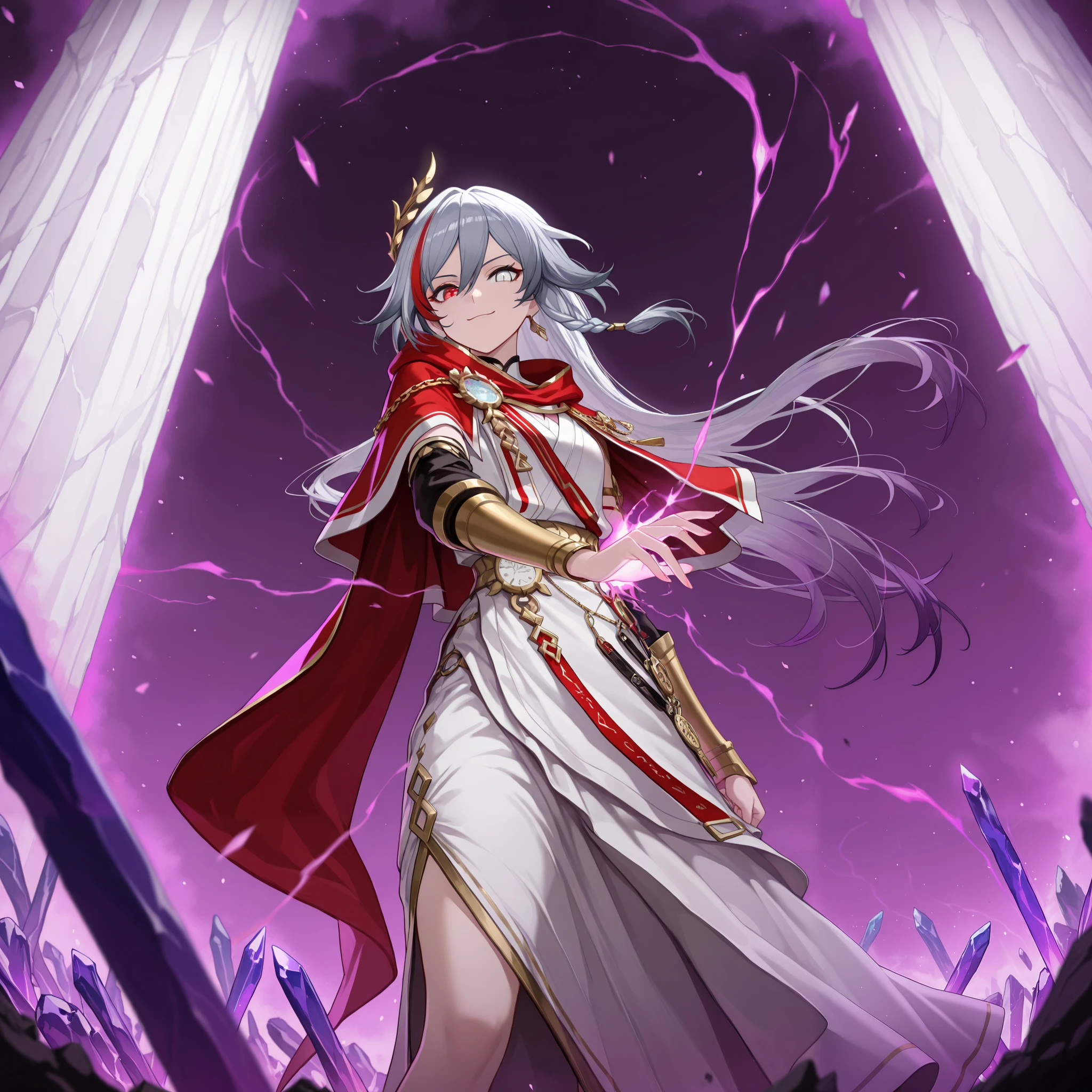 by [|inoitoh||arknights],
1girl, solo, alone, single character, chaotic background, magic aura background, (FuHua, Fol005, Fh_Hos:0.66), (angled shot, action shot, medium closeup shot:1.2),fu hua, white and gold toga, gray hair, white hair braided hair, multicolored hair, white eyes, red eyes, two tone heterochromia, greco-roman clothes, roman priestess, purple aura, purple energy, surrounded by a nebula of thousands of colours, chaotic crystal energy, crystal pillars, crystal weapons, war priest, french capelet, french royalty,
looking at viewer, smirk, csmicvoid
(mature, exquisite detail, 8k, 4k, sharp focus, ultra-detailed, detailed background, absurdres, best quality, amazing quality, very aesthetic, high resolution, newest, hyper-detailed:0.78)
 