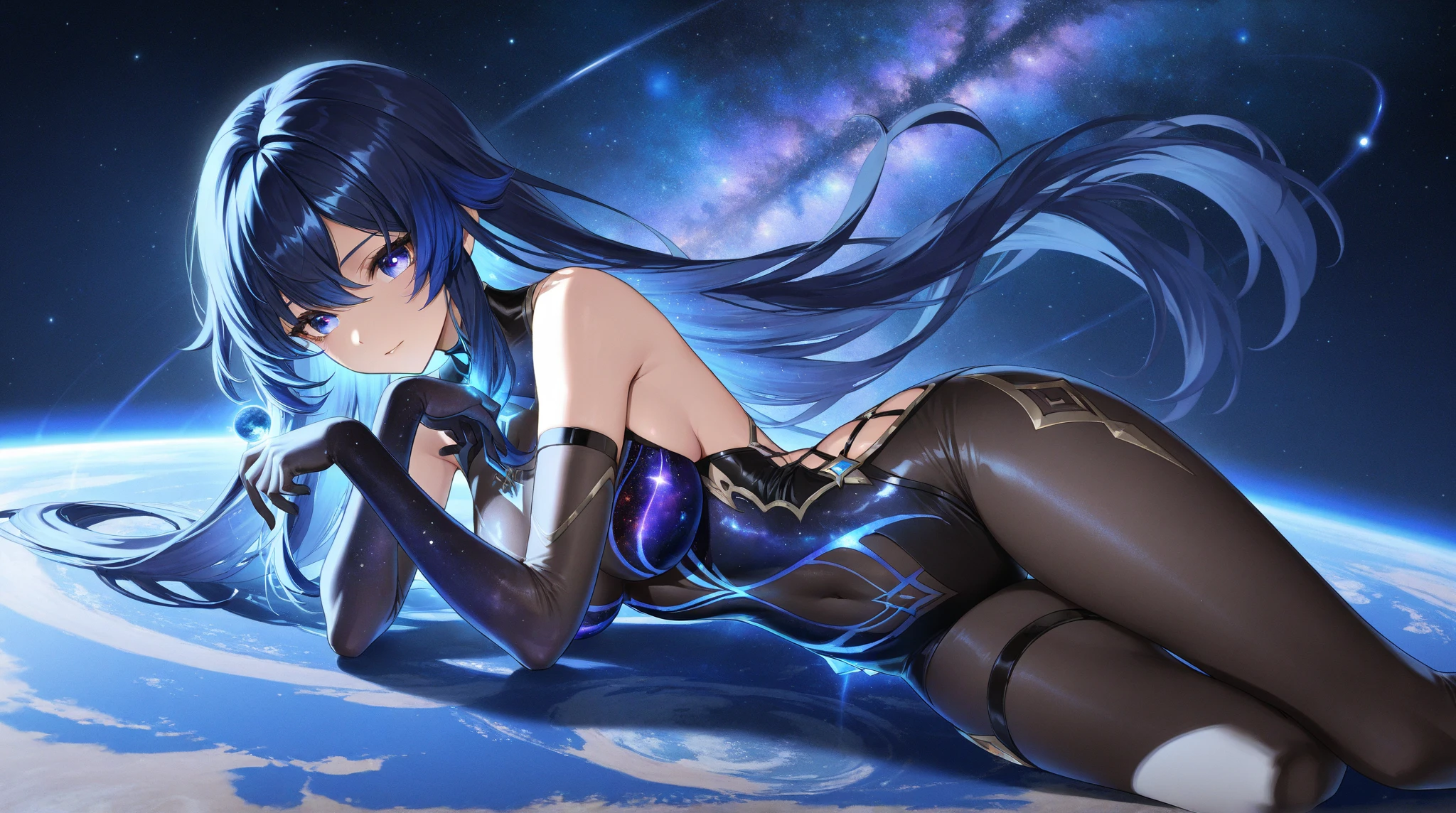 beautiful woman with black hair with teal streaks,big ass, standing, posing, sensual, sexy, realistic, perfect quality, realistic face, realistic eyes,vision behind the ass, sensual lingerie, cosmic nebula stars hair and scene