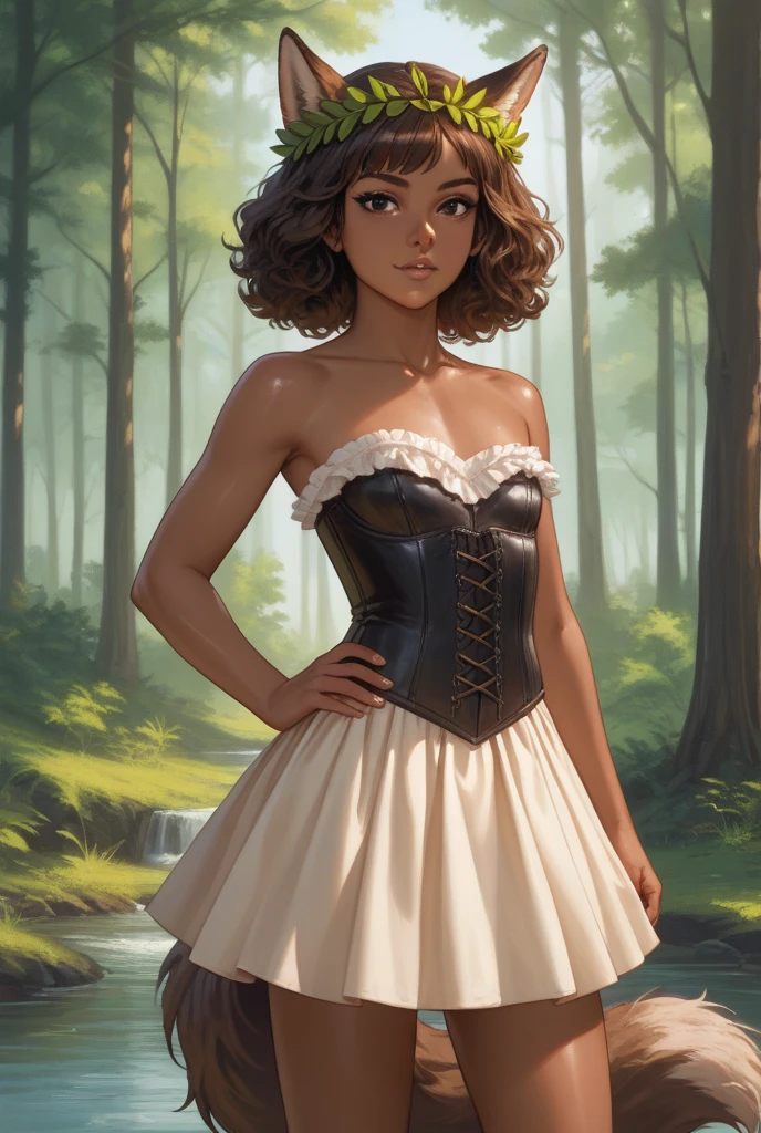 create various poses and expressions on a white background, romance book illustration style, various images of a romance character, she must be a charming and talented young woman, mulatto with curly hair and very beautiful. she danced gracefully through the woods of the Enchanted Forest --auto --s2