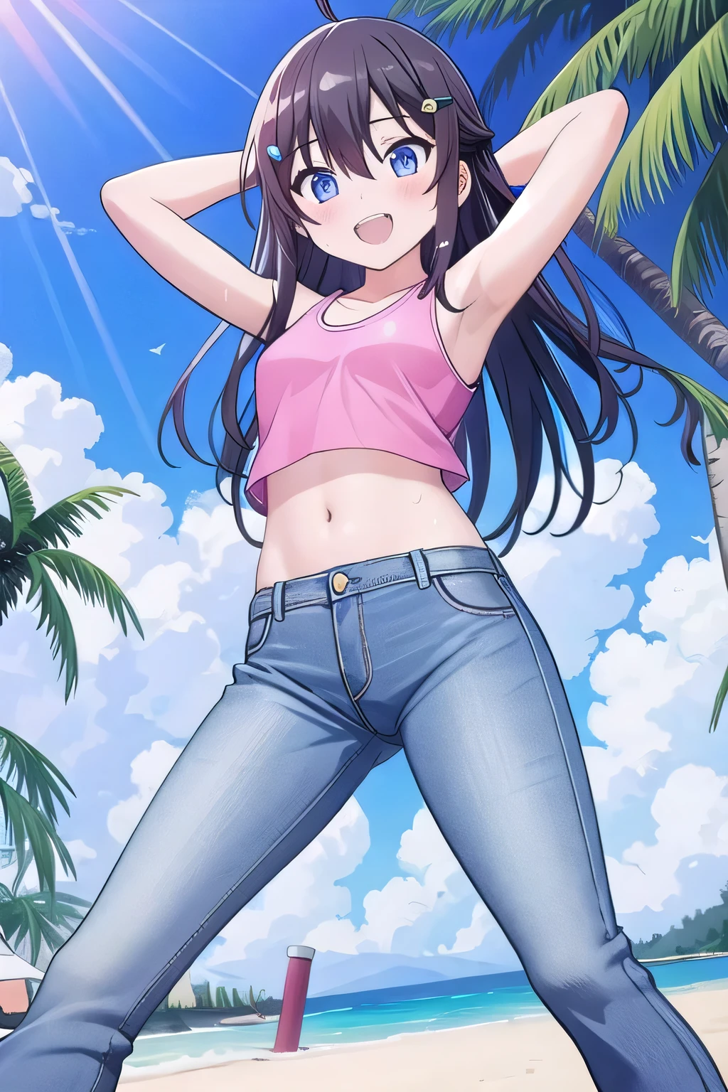 (8K、Highest quality、Highest quality、masterpiece)、Detailed face、One Girl、(Brown Skin:1.2)、Long Hair、Red Eyes、Serious、(Red Tank Top、Denim hot shorts、Open Shorts、Unziped shorts、Mini jeans Shorts、No Panties、NoPanties、Spread pussy、heart cutout)、labia view、Beach、cloud、vagina、Pussy Lip、Wedgie between Pussy Lips、Big Breasts