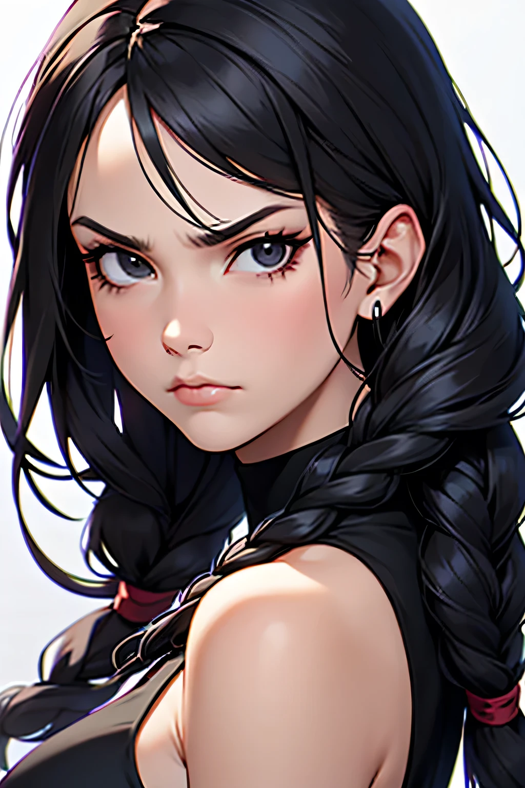Woman with braided hair on both sides. Straight black hair. Black eyes. Wearing black clothes. Very fair skin. Serious face