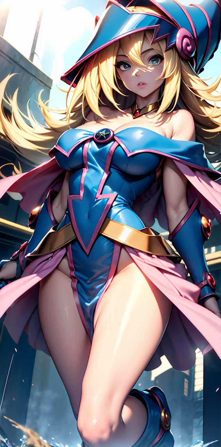 Black Magician Girl、super breasts、thick thighs、blonde hair、magic circle、8K, 4k, highest quality, High resolution: 1.2),winking、One breast exposed、cute anime face、Pink blush on cheeks、noise removal、Leotard that bites into、have a cane、Hold your cane、Rear view、Turning around、full body portrait、T-back that digs into your butt、Glowing green eyes、Laughter