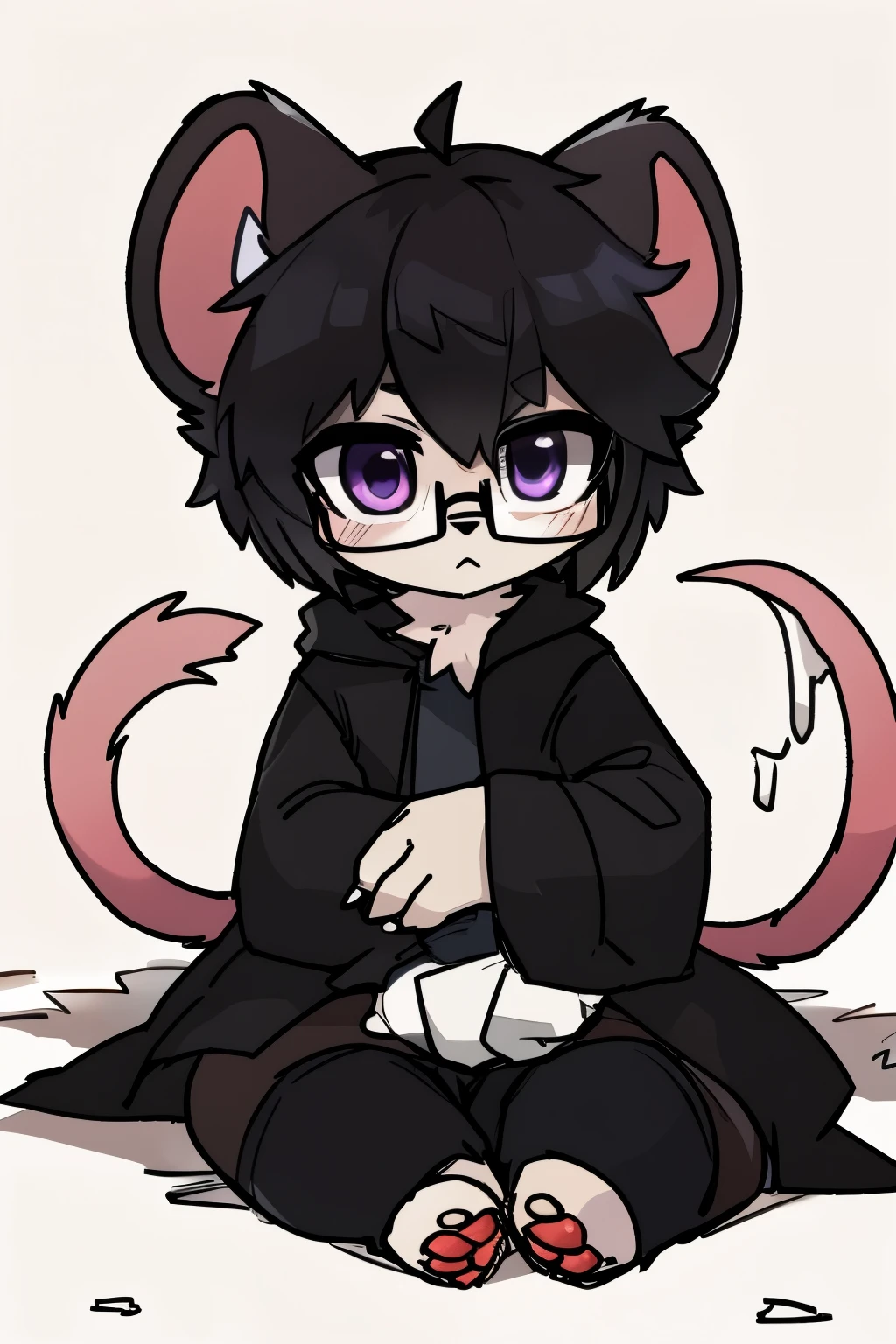 Anime character with a mouse wearing glasses and a coat sitting on the ground, maplestory mouse, anthropomorphic mouse, Full body entrustment,  high resolution request , cute little cartoon mouse Furry, mouse, stanley mouse,  Full body portrait， 拟人化的mouse, commission on Furaffinity, hybrid of mouse ，furry , alone， full body fur, furry毛, white claws , Grey hair ，Dark hair light purple , Medium Length Hair，black rimmed glasses, dark eyes purple，purple pupils, 灰色mouse耳朵,mouse尾巴，furry雄性，intp personality