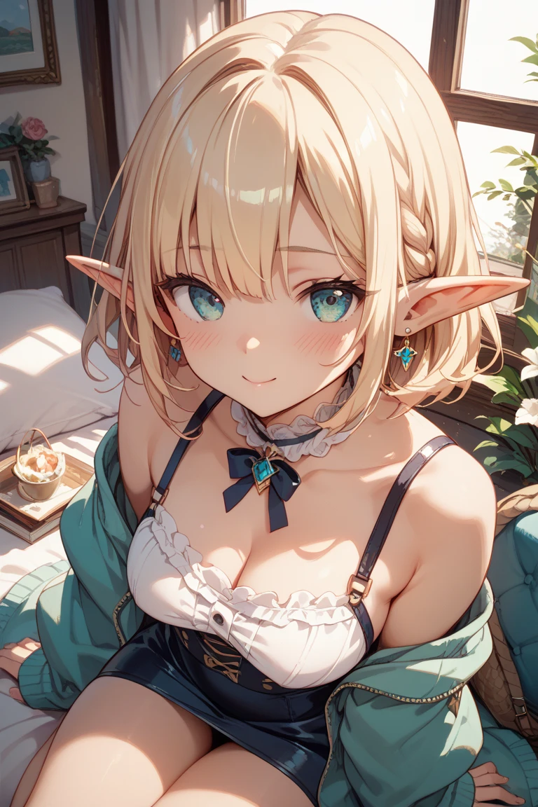 high-re, sharp foc, pixiv's masterpiece, ((and intricate detailing)), extremly detailed, pointy ear, Heterochromia, 独奏, bronde hair, Green eyes, Blue Eye, Ahoge, 1girls, shorth hair, elvish, Dark skinned, Whole human body, woman kngiht,HugeBoobs、Pink pajamas、Sleeping in a hammock、During sleep、blushful、Aura of Overlord、