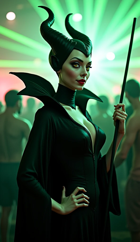 A stunning silhouette portrait of Maleficent, young and beautiful, hyper realistic, real portrait, backlit, exquisite features, cleavage, sexy, seductive, unnatural light, soft light, location is the interior of a dungeon, green light, eerie, purple highlights, she is smirking, she is busty, her chin is raised, looking down at viewer, low angle shot, h her body is nude, naked and powerful, visible breasts, visible nipples