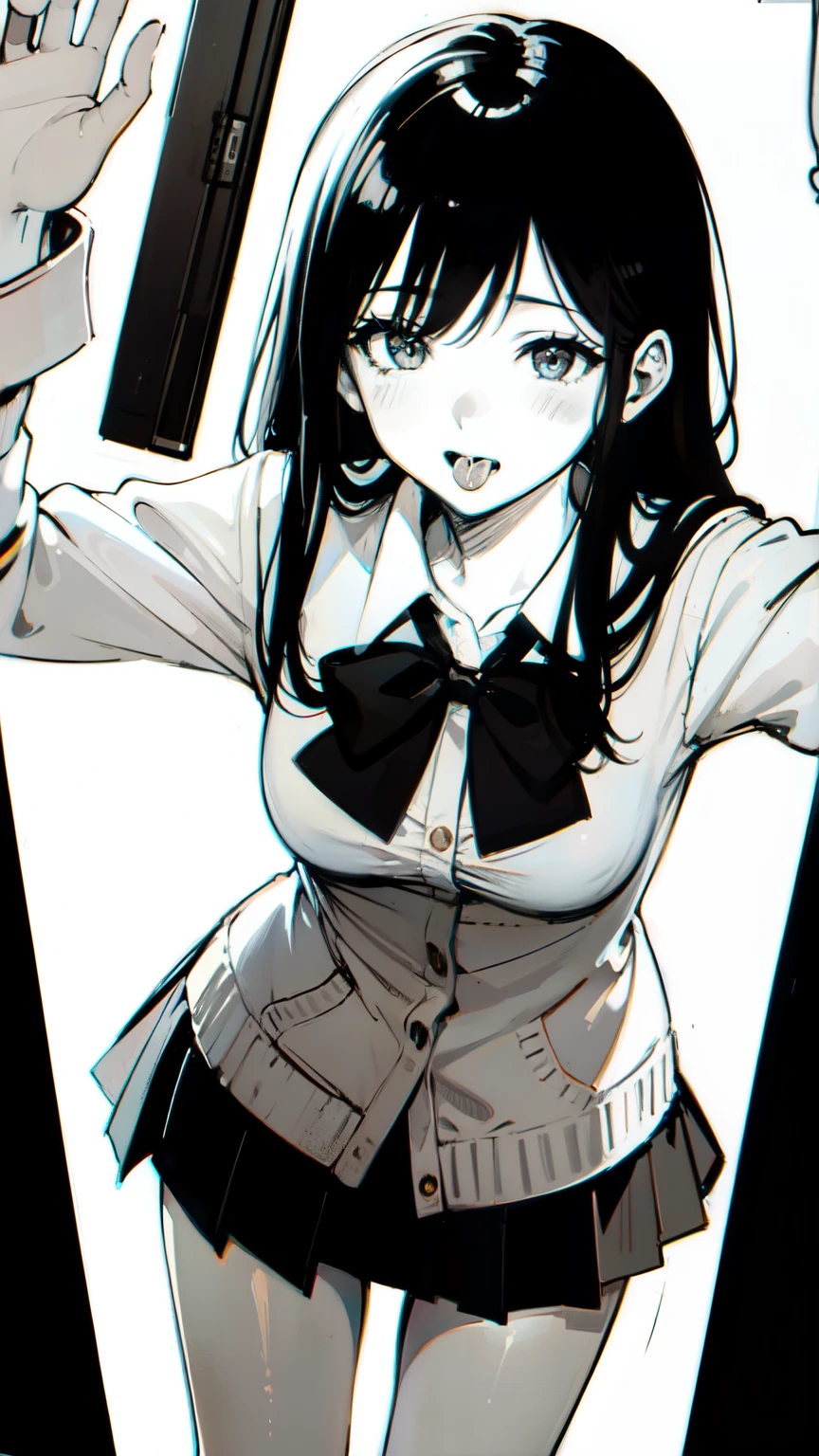 Masterpieces, anatomically correct, qualityที่ดีที่สุด, high resolution model, miaoz ,iaoz, quality, 1 girl, Solo, long hair, breasts, smile, tongue, saliva, Shortness of breath, Open your eyes, รอยsmileยั่วยวน, Cowboy Camera Angle Dress, ribbon, jewelry, monochrome, Anime, school uniform, short skirt, white tights, Classroom, novel, look at viewer, jk fashion, Stand