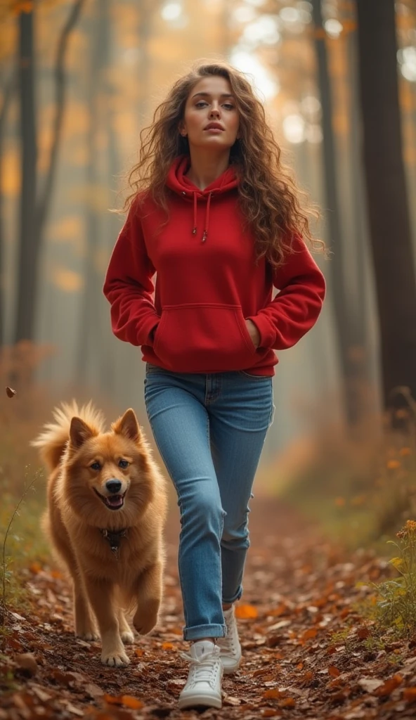Une fille sexy et belle portant un jean avec un sweat à capuche rouge et des baskets blanches, courant dans la forêt avec son chien Kanish, le corps entier est à l'intérieur de la photo, elle a un beau visage blanc, le fond comprend du brouillard entre les arbres