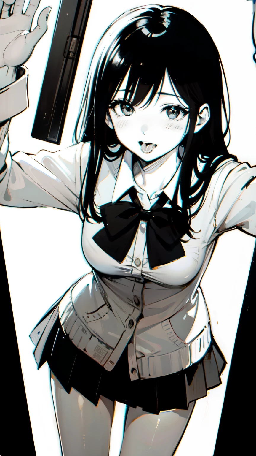 Masterpieces, anatomically correct, qualityที่ดีที่สุด, high resolution model, miaoz ,iaoz, quality, 1 girl, Solo, long hair, breasts, smile, tongue, saliva, Shortness of breath, Open your eyes, รอยsmileยั่วยวน, Cowboy Camera Angle Dress, ribbon, jewelry, monochrome, Anime, school uniform, short skirt, white tights, Classroom, novel, look at viewer, jk fashion, Stand