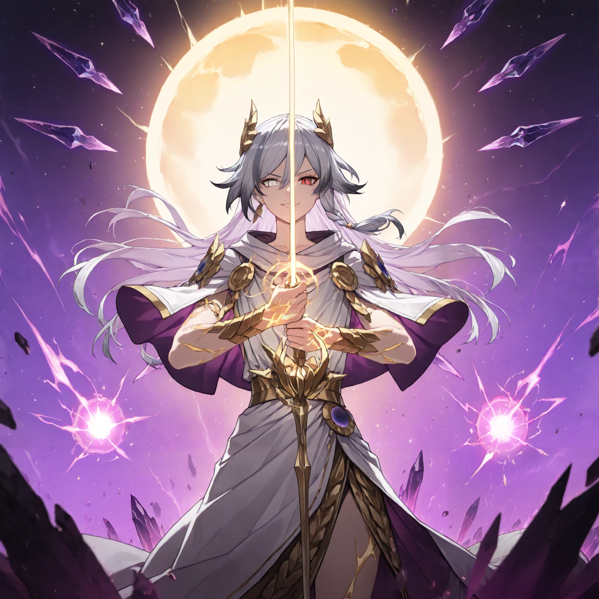 by [|inoitoh||arknights],
1girl, solo, alone, single character, chaotic background, magic aura background, (FuHua, Fol005, Fh_Hos:0.66), (dynamic action, closeup shot:1.2),fu hua, white and gold toga, gray hair, white hair braided hair, multicolored hair, white eyes, red eyes, two tone heterochromia, ancient greek clothes, peplos, ,roman god, greco-roman clothes, roman priestess, purple aura, purple energy, surrounded by a nebula of thousands of colours, chaotic crystal energy, crystal pillars, crystal weapons, war priest, french capelet, french royalty,
looking at viewer, smirk, csmicvoid, (void rapier, cosmic shortsword, astral jian, void magic, cosmic magic, astral magic:1.4), surrounded by aura, surrounded by cursed magic, golden scars, golden light,
(mature, exquisite detail, 8k, 4k, sharp focus, ultra-detailed, detailed background, absurdres, best quality, amazing quality, very aesthetic, high resolution, newest, hyper-detailed:0.78)
 