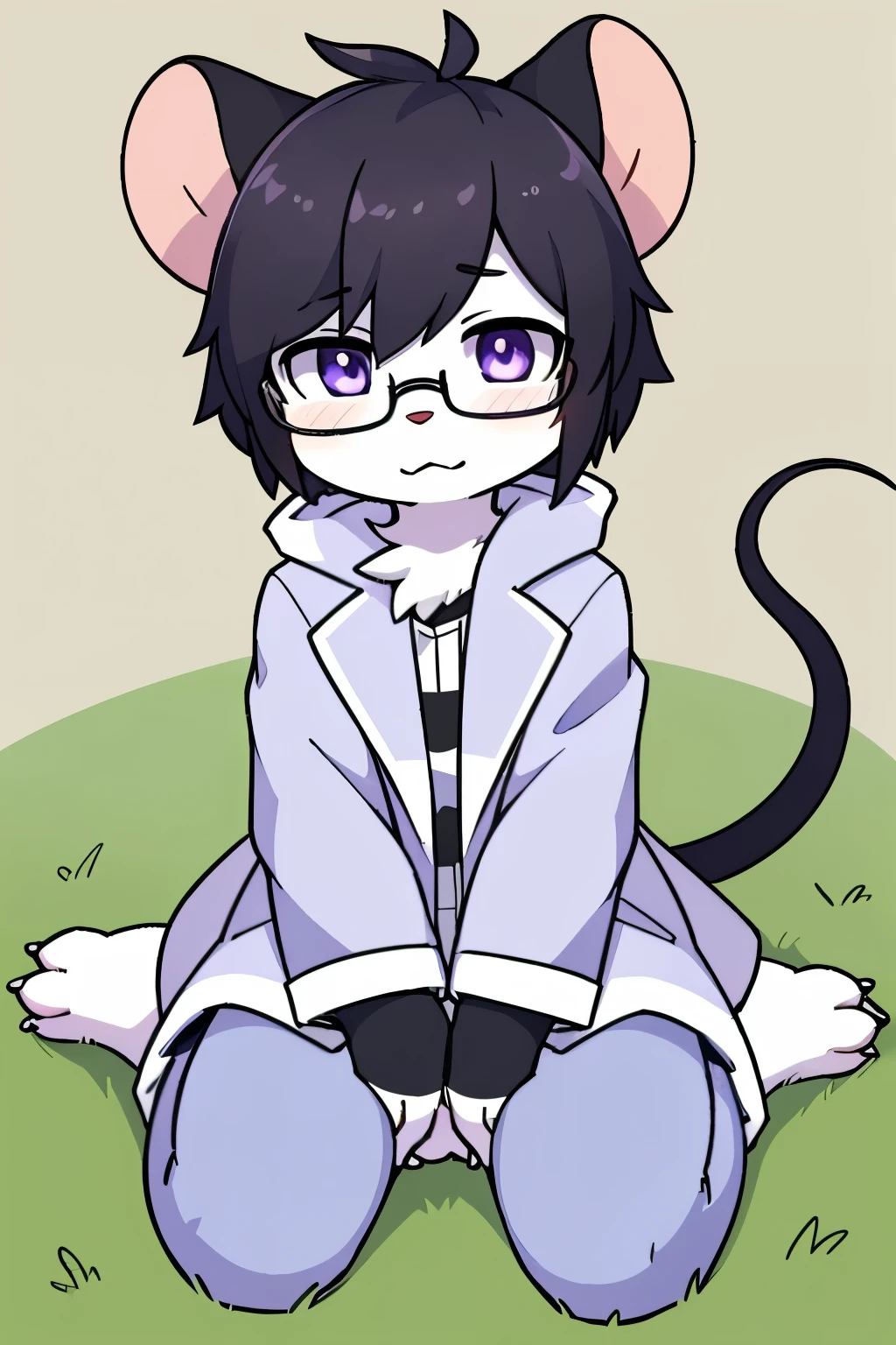Anime character with a mouse wearing glasses and a coat sitting on the ground, maplestory mouse, anthropomorphic mouse, Full body entrustment,  high resolution request , cute little cartoon mouse Furry, mouse, stanley mouse,  Full body portrait， 拟人化的mouse, commission on Furaffinity, hybrid of mouse ，furry , alone， full body fur, furry毛, white claws , Grey hair ，Dark hair light purple , Medium Length Hair，black rimmed glasses, dark eyes purple，purple pupils, 灰色mouse耳朵,mouse尾巴，furry雄性，intp personality