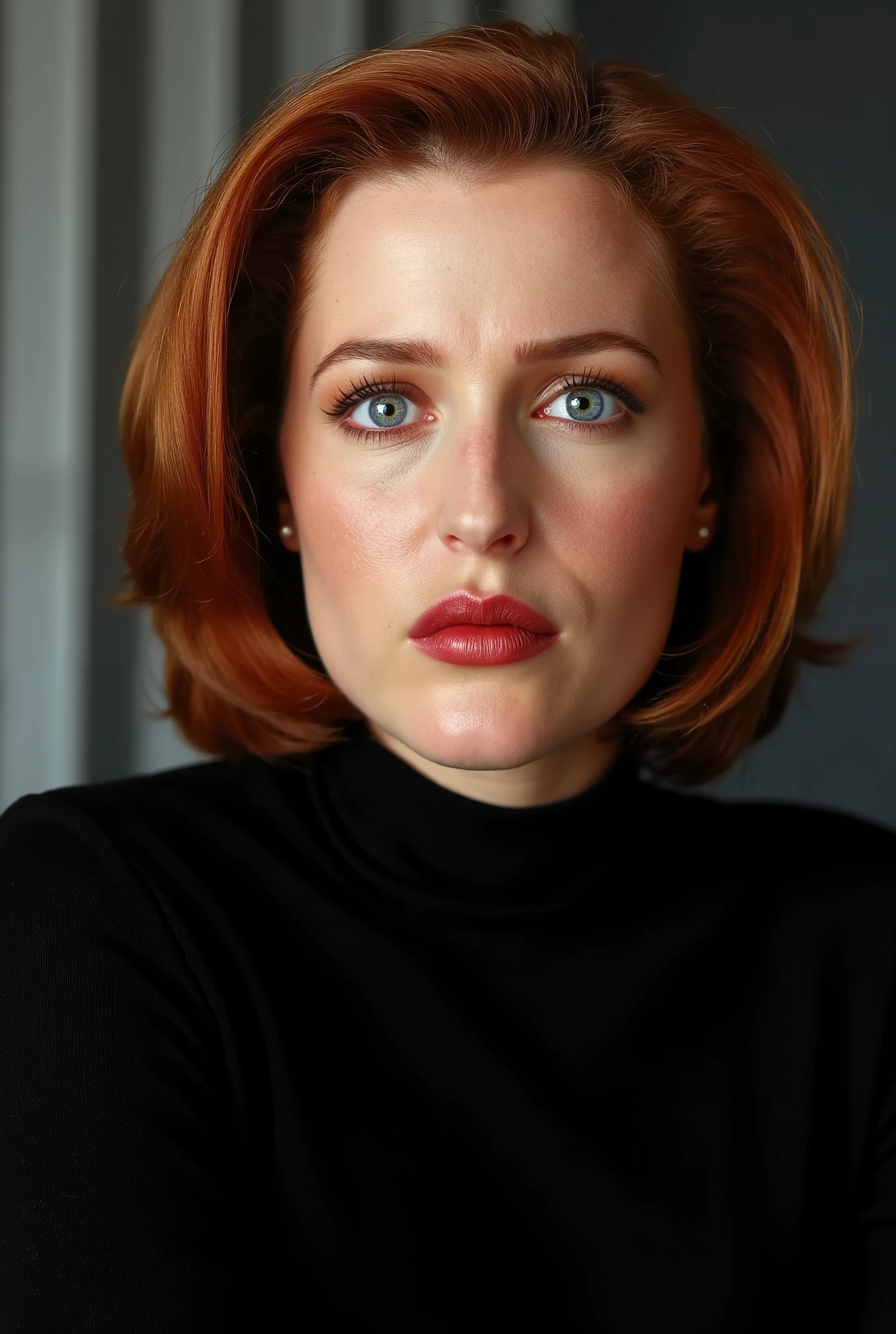 realistic photo of young pretty Dana Scully; The image showcases her natural beauty, focusing on her flawless skin and delicate features; The lighting enhances her features, creating a soft interplay of light and shadow, while the high-resolution quality captures every detail with photorealistic clarity, (sexy makeup, eyeliner, long eyelashes, pink lipstick, blushed cheeks); High Detail, Fine Face , Fine Eyes, deer eyes , Excellent Performance, (classroom), Realistic Images, absurdres, 8k, Raw images, 1 girl, alone, Beautiful girl, office, Thigh High Black Stockings, strap stockings , turtleneck , Strap , Pencil Skirt, feminine Body , smile