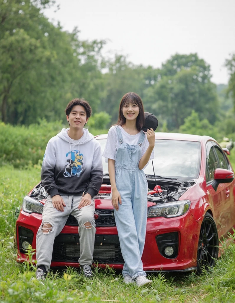 Banchan y Seungmin en un auto con un perrito