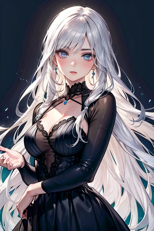 White hair fantasy woman in black dress, 1girll, Breasts, Solo, Very long hair, dress, Very short skirt,cleavage, Purple eyes, ((Black cat ears)), Short black Romanesque dress,Tight shoulder straps at the waist,There are gold accents on the clothes,耳Nipple Ring,jewelry, White hair, Bare shoulders, bangs,upper legs,exposing thighs
