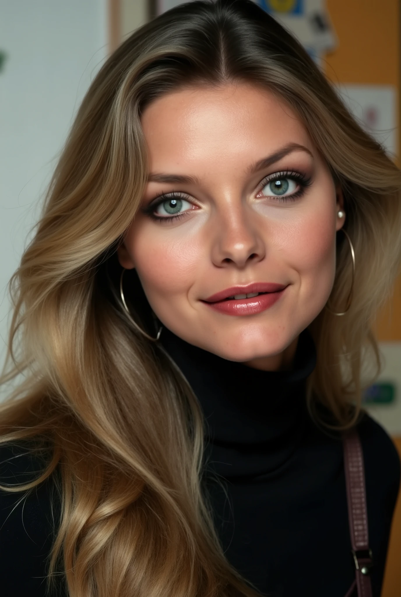  realistic photo of young pretty Michelle Pfeiffer; The image showcases her natural beauty, focusing on her flawless skin and delicate features; The lighting enhances her features, creating a soft interplay of light and shadow, while the high-resolution quality captures every detail with photorealistic clarity, (sexy makeup, eyeliner, long eyelashes, pink lipstick, blushed cheeks); High Detail,  Fine Face , Fine Eyes,  deer eyes , Excellent Performance, (classroom), Realistic Images, absurdres, 8k, Raw images, 1 girl, alone, Beautiful girl, office, Thigh High Black Stockings,  strap stockings ,  turtleneck ,  Strap , Pencil Skirt,  feminine Body , smile