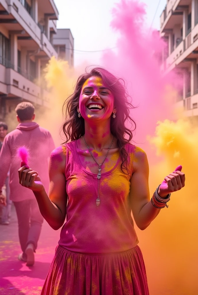Holi Festival in the Clouds with a big color explosion. Neon Playtoon Style, red backdrop, Artstation, Cinematic Lighting