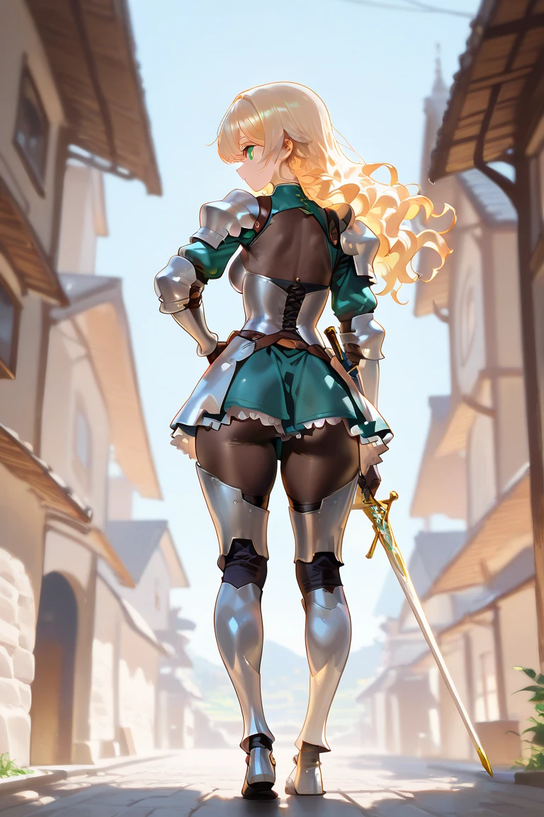 depth of field, perfect lighting, light particles, female, goddess, (sexy, long blonde hair)solo, outdoors, (butt facing viewer), ((armour)), (((farting))), macro,