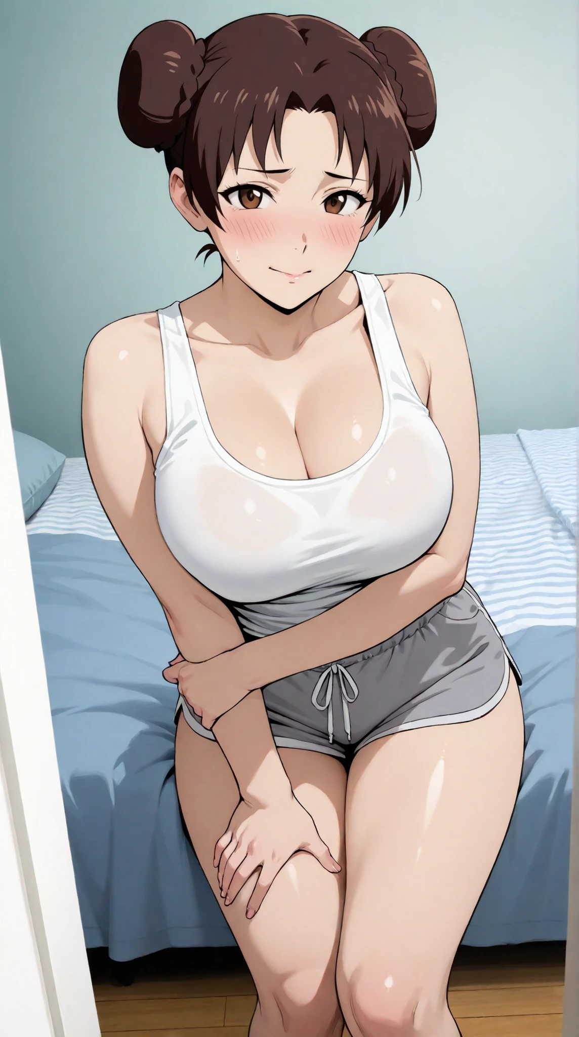 masterpiece, extremely detailed,perfect skin texture,4k,solo,1girl ,((fullbody)),tenten, double bun,girlish face,blush,mature,sexy legs,perfect body,large breasts,cleavage,white tank top,grey shorts,housewife, high detailed, best quality, upper body,bed room, photography,cowboy shot,looking at viewers