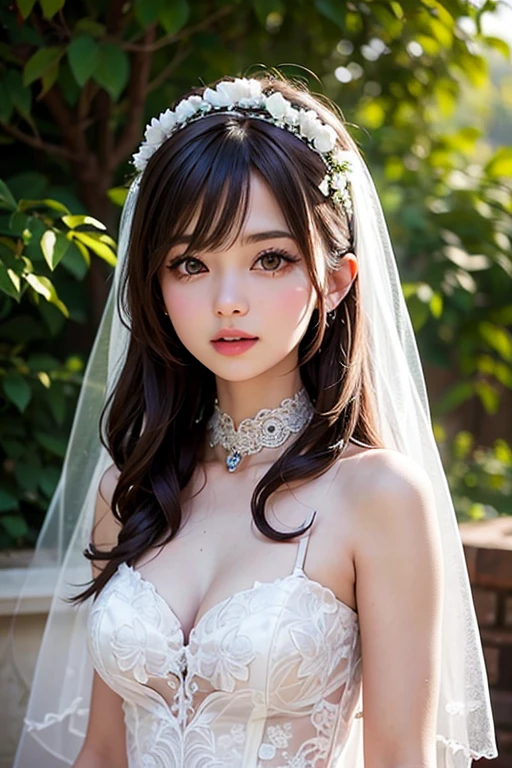 Anime image of a woman in a short skirt and white shirt, Seductive Anime Girl, beautiful anime high school girl, Ecchi anime style, Smooth Anime CG Art, charming anime girls, anime moe art style, Realistic Schoolgirl, marin kitagawa fanart, beautiful alluring anime teen, nagatoro, Anime Best Girl, a hyperrealistic schoolgirl, Itsuki Nakano, Bangs, Blue eyes, hair between eye, Ahoge, Red hair, Red hair, Star \(symbol\), Hair Ornament, gloves, Dress, cleavage, Bare shoulders, 鎖骨, elbow groves, White Gloves, White Dress, Strapless, tiarra, veils, straplessdress, wedding dress, Bridal Veil, Beautiful woman, Perfect body, Perfect breasts, wearing a wedding dress, ballgown, Trees in the park々Inside, Wedding Decorations, Looking at the viewer, A slight smile, Realism, masutepiece, Textured skin, Super Detail, high detailing, High quality, Best Quality, 1080p, 16 K