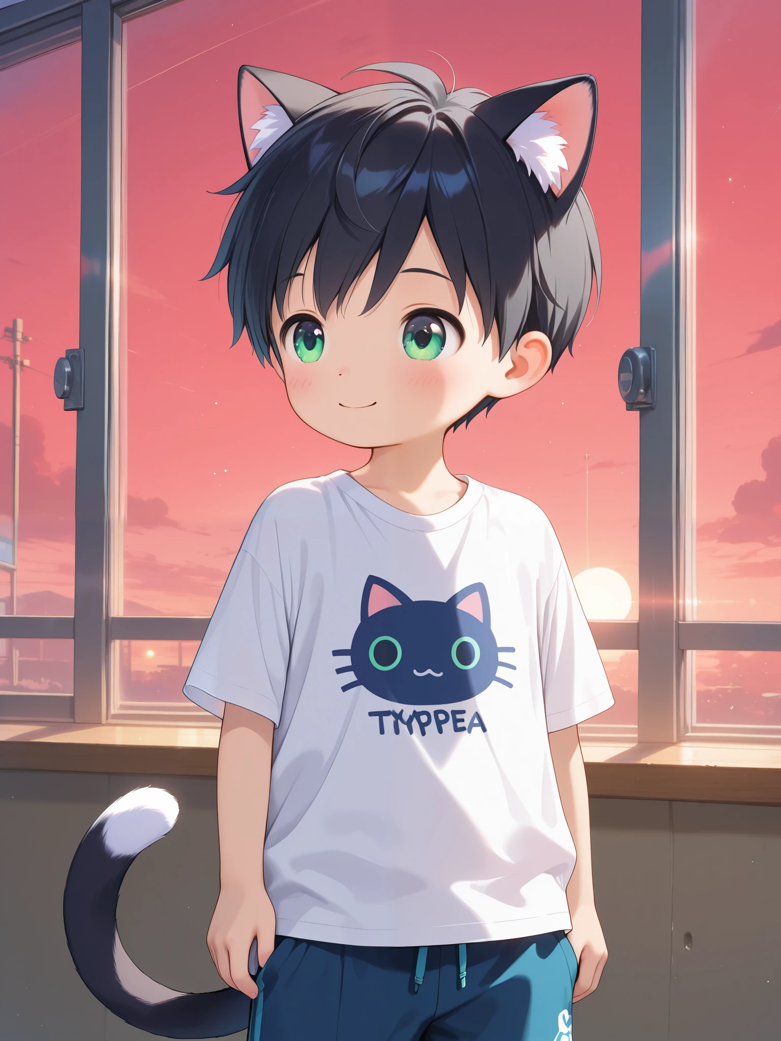 1boy, type-g, cat boy, black hair, green eyes, smile face, loved face expression, indoor, outside, window, shirt, shorts, sunset, red sky, tail, 