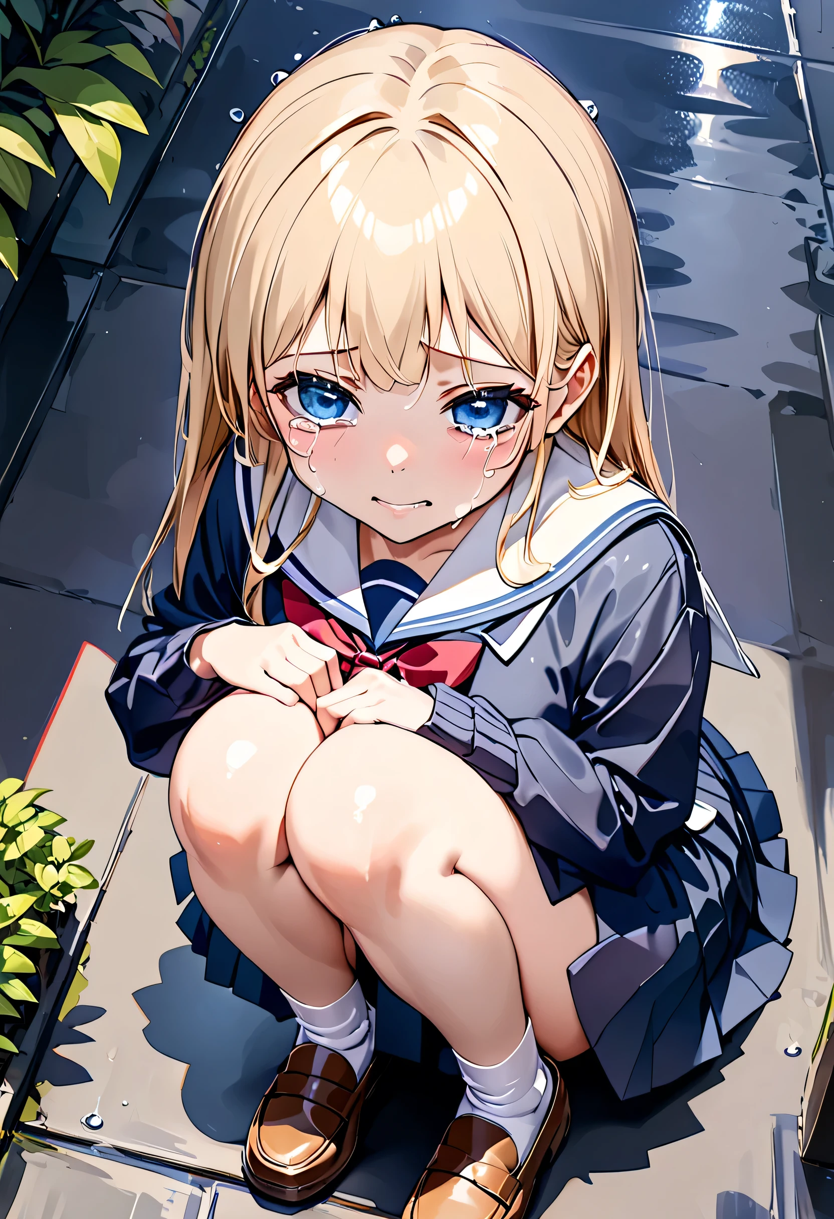 ((HIGH SCHOOL GIRLS))、((Visual beauty))、((high quality))、((masterpiece))、((score_9, score_8 Up, score_7 up ))、((1 person))、((girl))、((Japanese))、((very young))、((KAWAII))、((The right scale))、sailor suit、cardigan、ribbontie、 socks、navy blue skirt、()、makeless、holding own legs、Petite、delicate、 Slim、In a corner of the city at a quiet, dark night、rain is falling、((close legs, squatting))、from above view、Sad face、so sad、 look up at the viewer 、Tears running down my cheeks、 wet in the rain、 triangular seat、 girlfriend seen from above 、hands on knees、seen from an oblique perspective、She looks up at me、teary eyes、is crying、holding legs、brown loafers、
