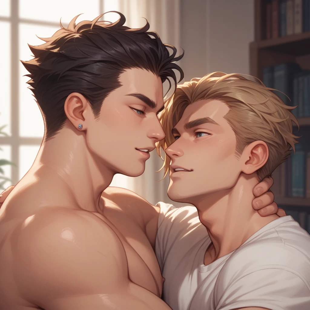 2 guys, (high quality), (high detail), (hair detail), naked body, hug, closeness, kiss, looking at each other --auto --s2